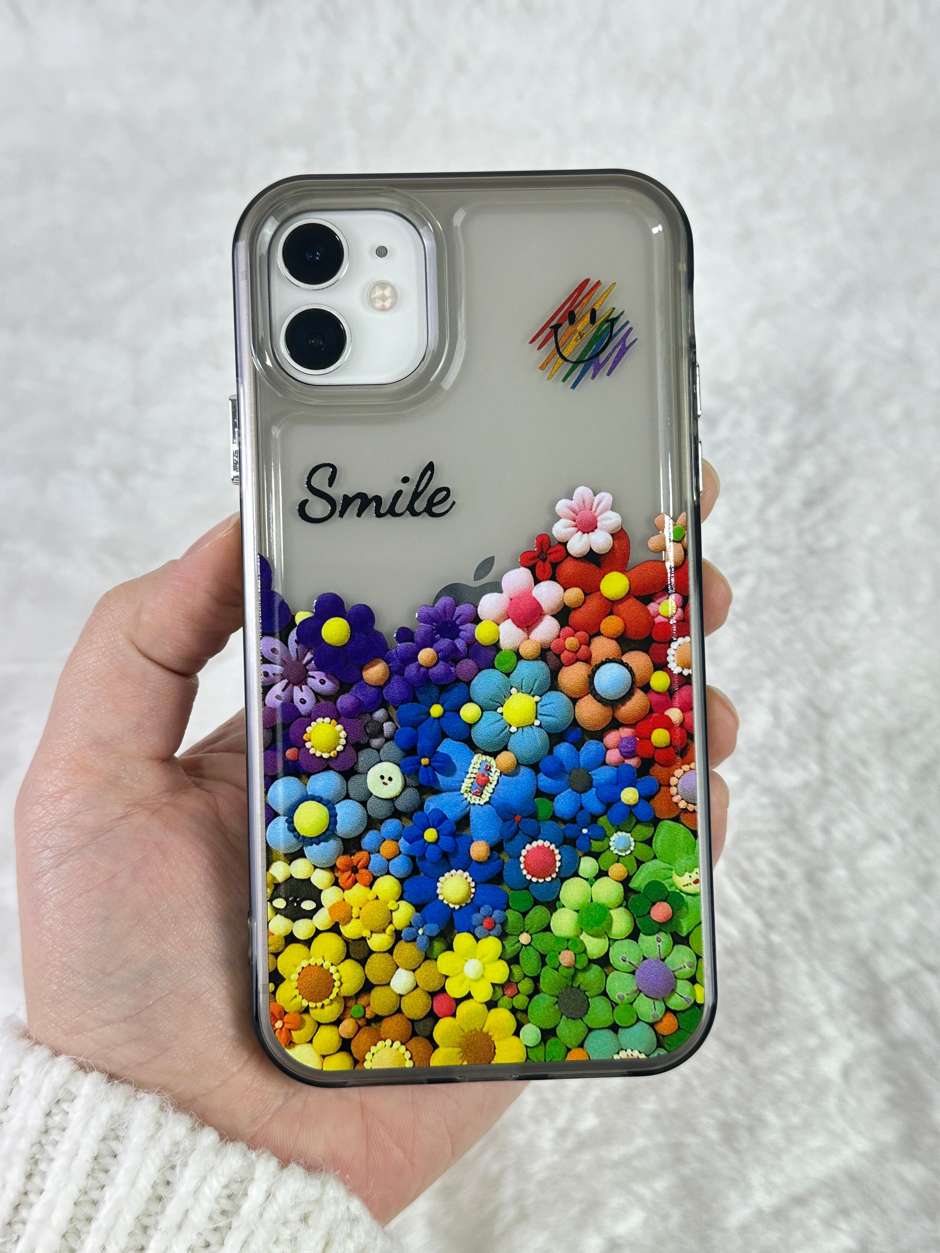 iPhone 12 Renkli Çiçek Desenli Smile Yazılı Pox Kılıf