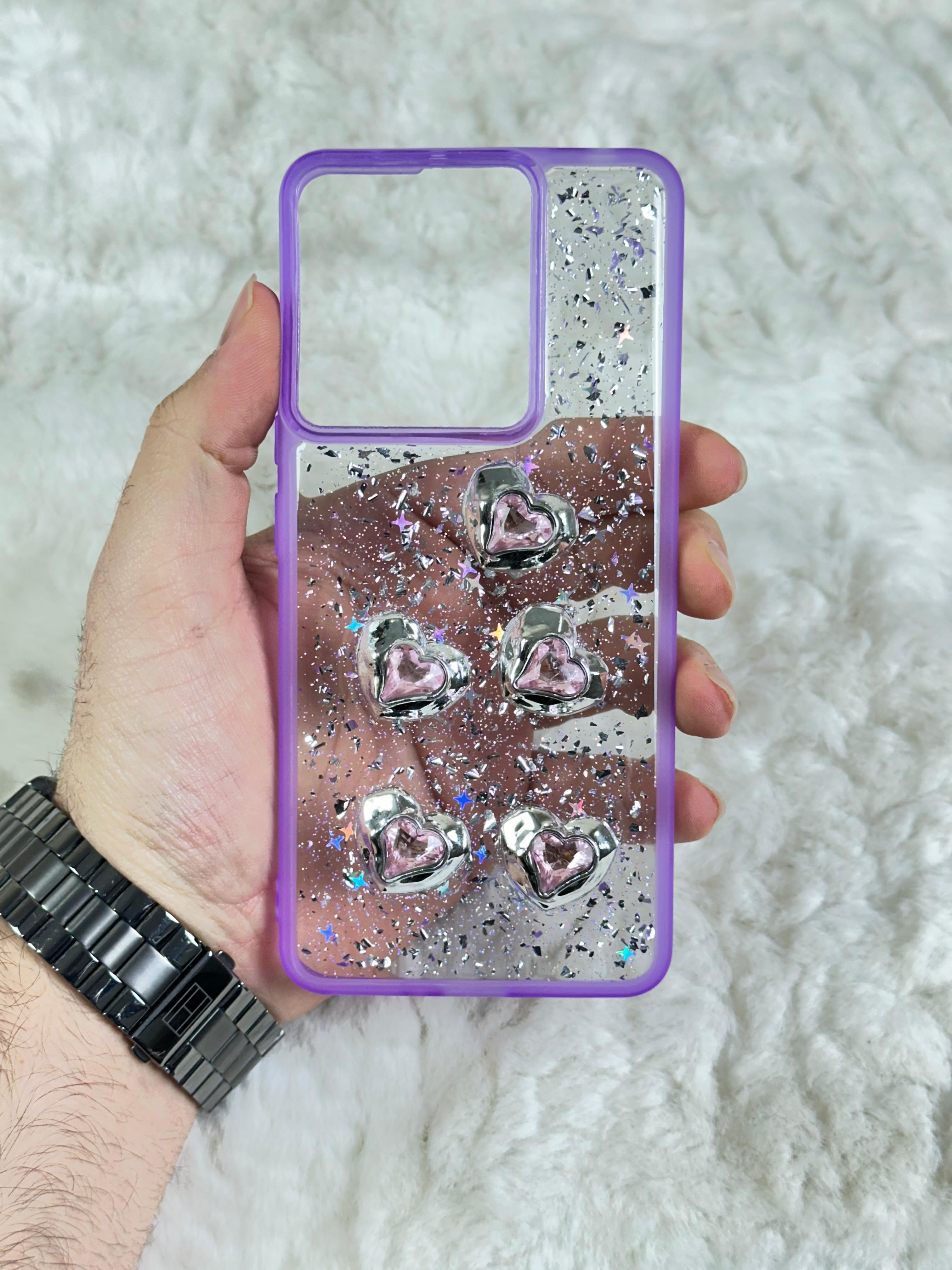 Xiaomi Redmi Note 13 4G Şeffaf Parlak Taşlı Glitter Kılıf - mor taşlı kalp