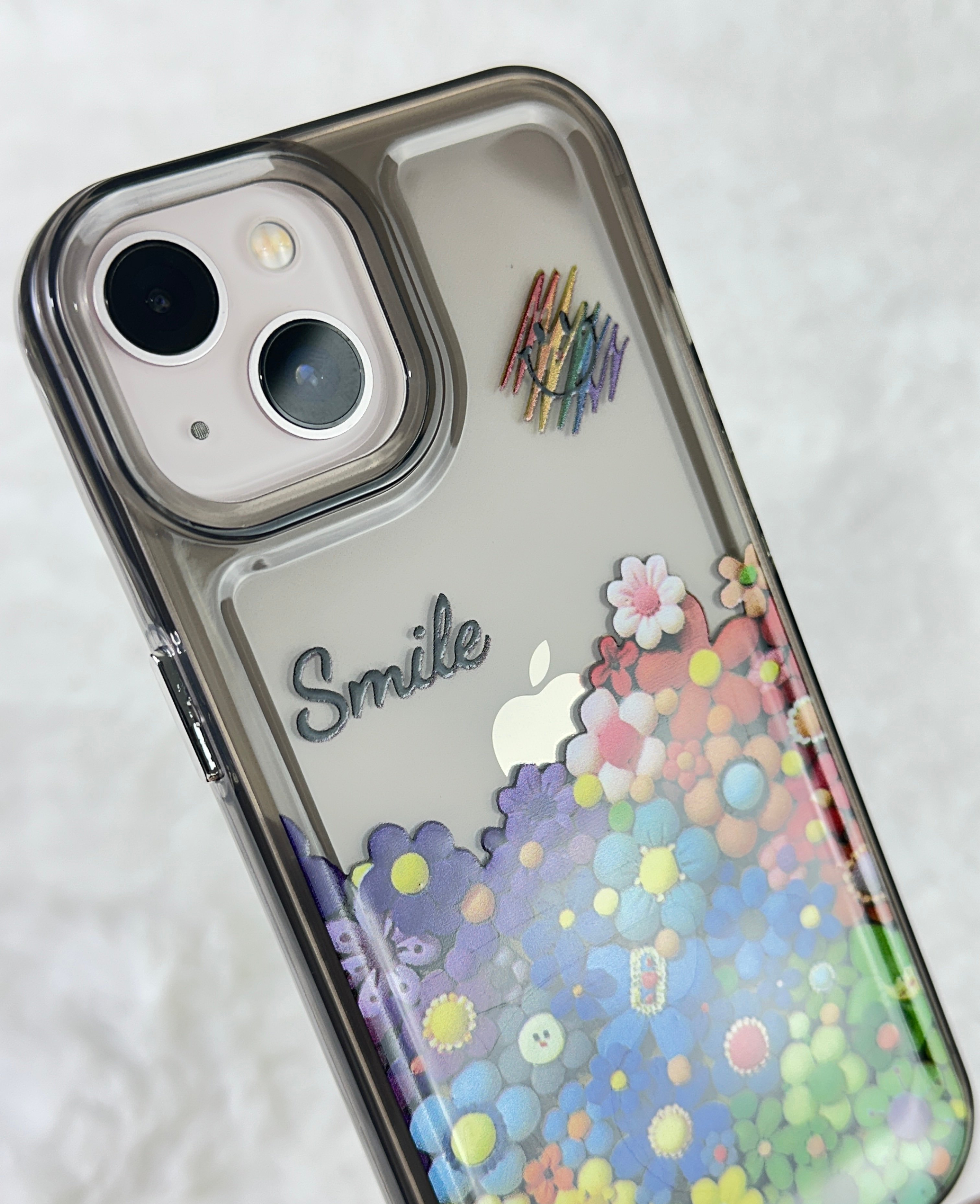 iPhone 13 Renkli Çiçek Desenli Smile Yazılı Pox Kılıf