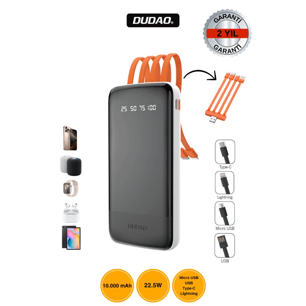 DUDAO K6PRO 10.000mAh Batarya 22.5W Hızlı Şarj Beyaz