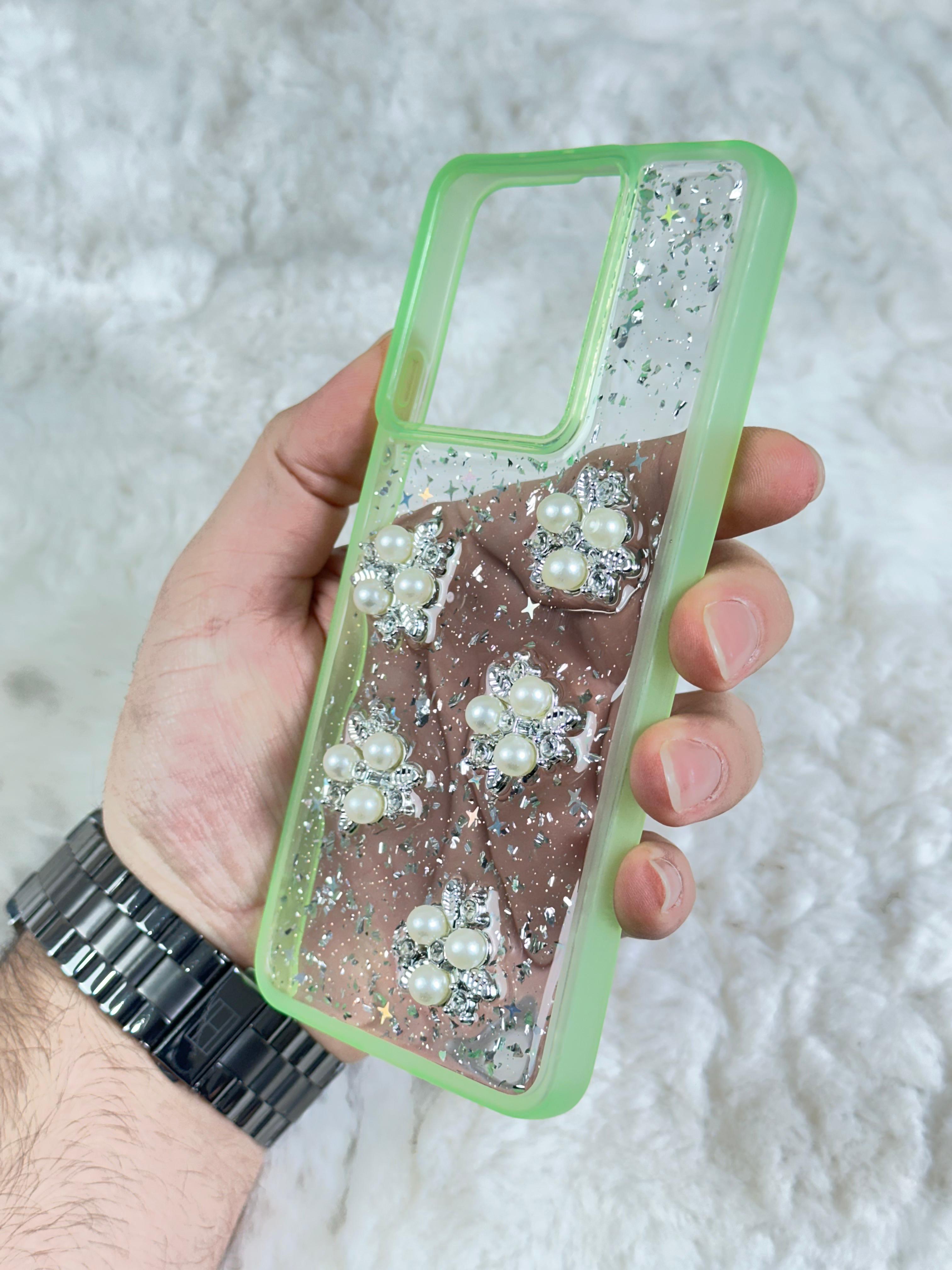 Xiaomi Redmi Note 13 4G Şeffaf Parlak Taşlı Glitter Kılıf - yeşil boncuk