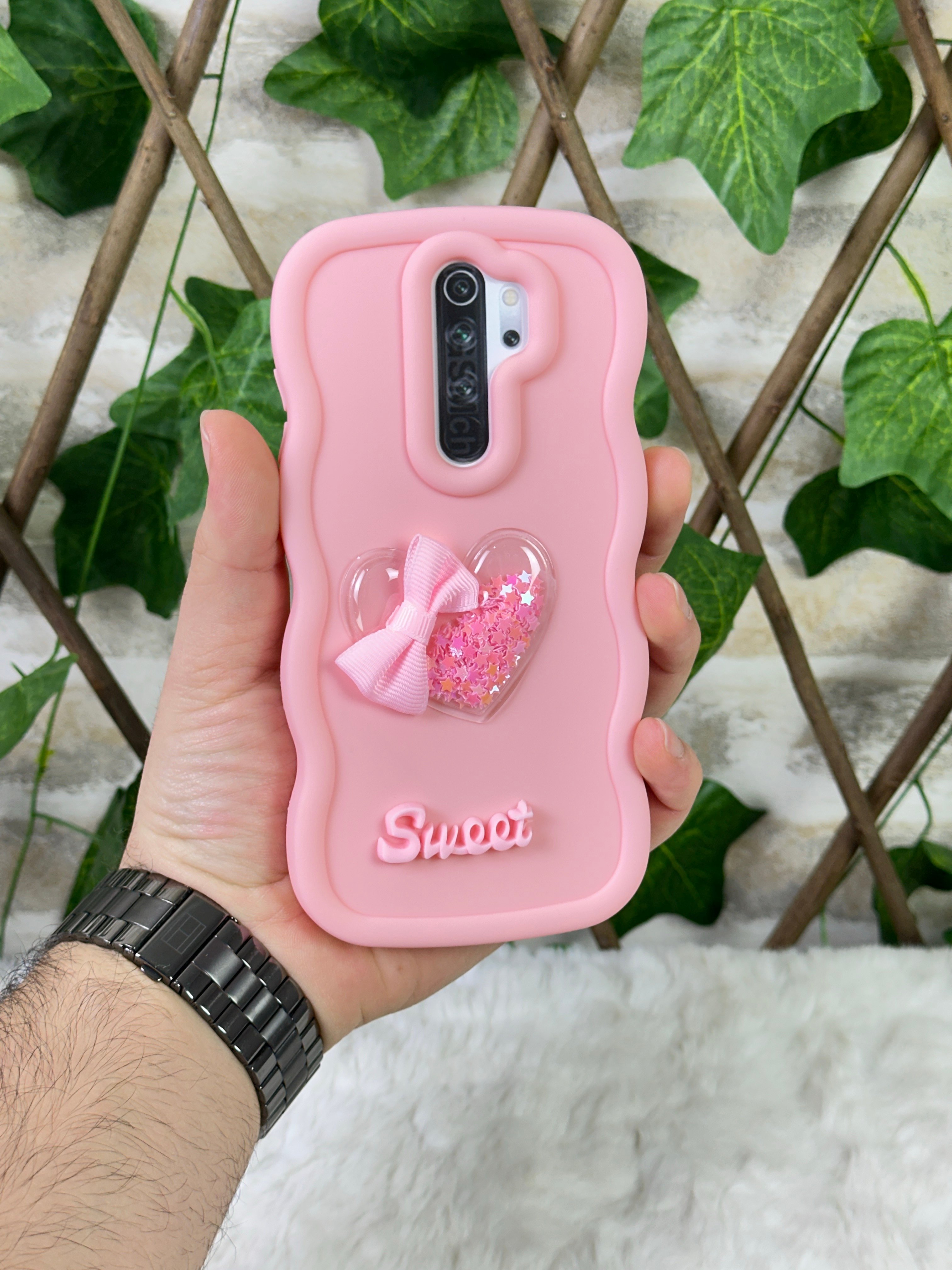 Xiaomi Redmi Note 8 Pro Uyumlu Renkli Kalp Kurdele Detaylı Simli Dalgalı Sweety Kılıf - Rose