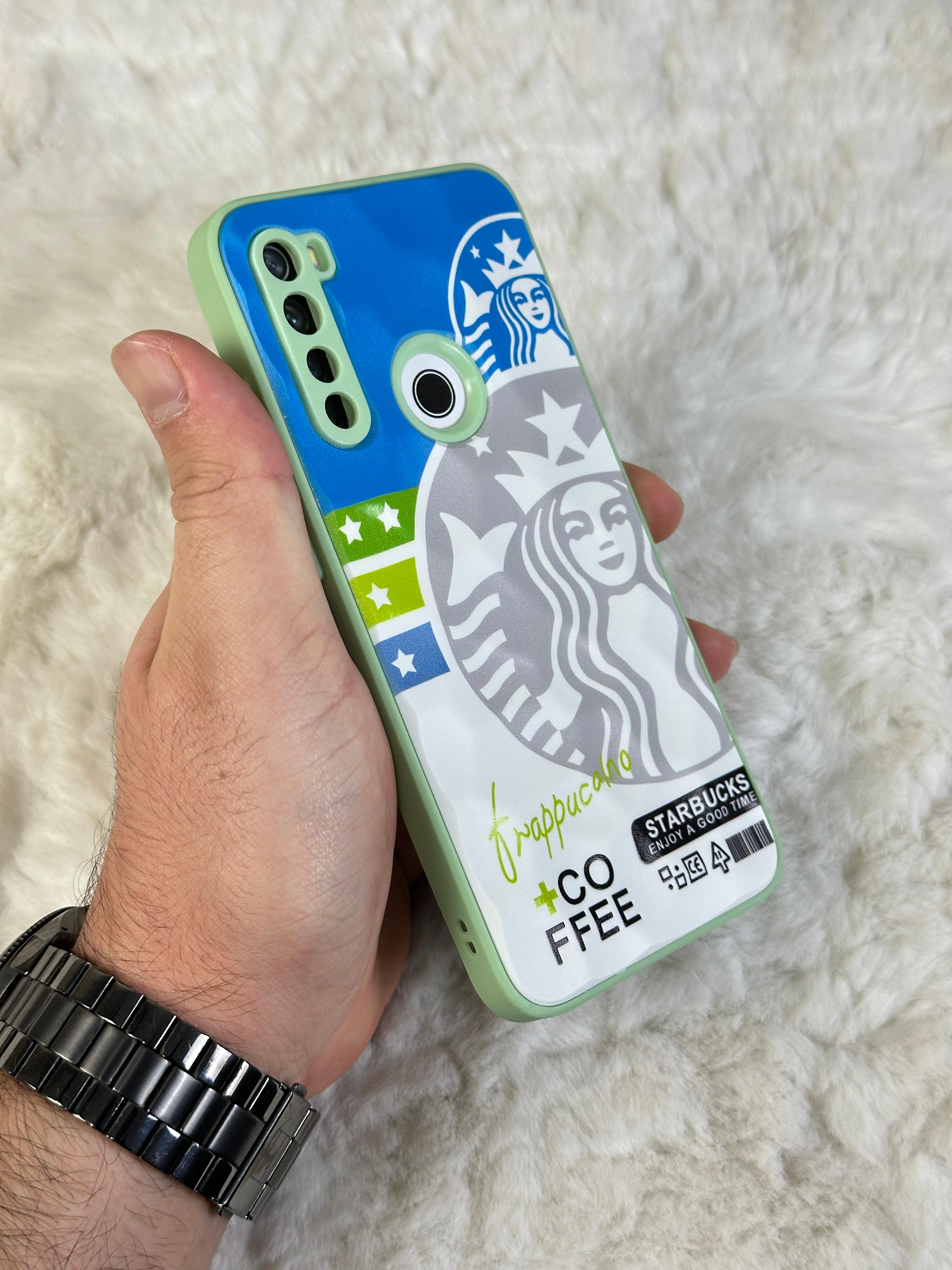 Xiaomi Note 8 uyumlu Arkası Sert Kapaklı Yanları Silikonlu Starbucks-Nike Kılıf  - mavi beyaz star