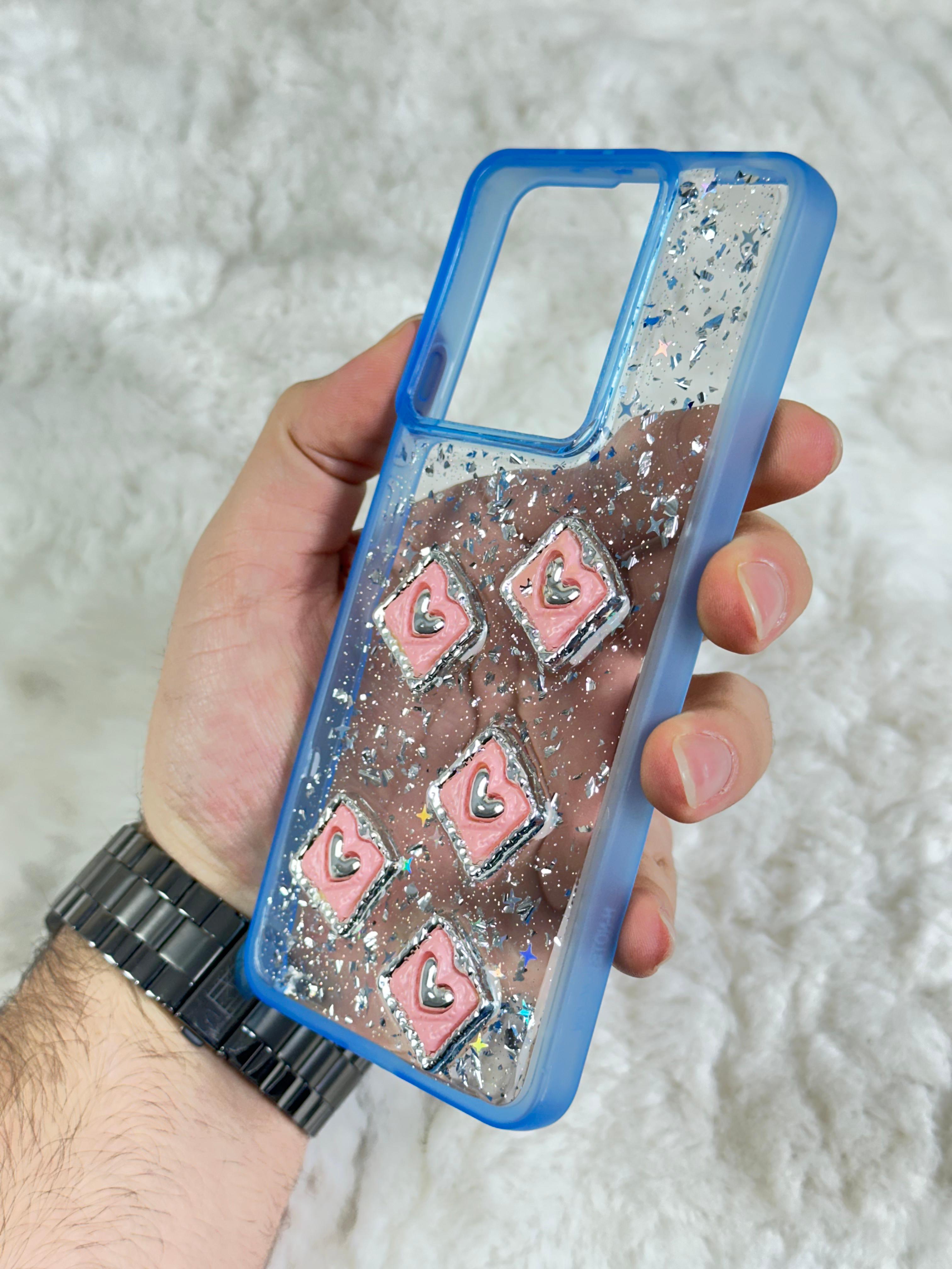 Xiaomi Redmi Note 13 4G Şeffaf Parlak Taşlı Glitter Kılıf - Mavi Kalp