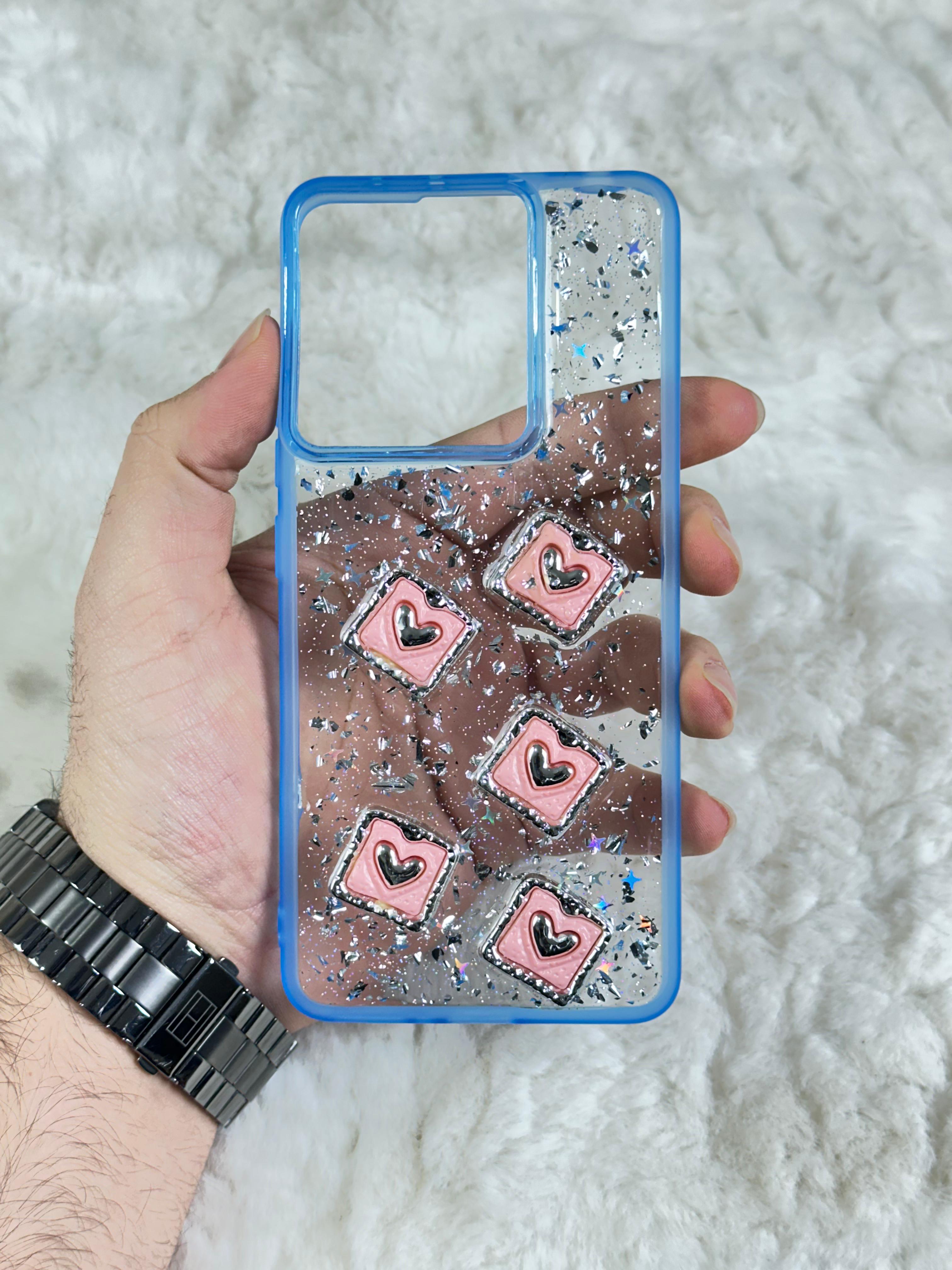 Xiaomi Redmi Note 13 4G Şeffaf Parlak Taşlı Glitter Kılıf - Mavi Kalp