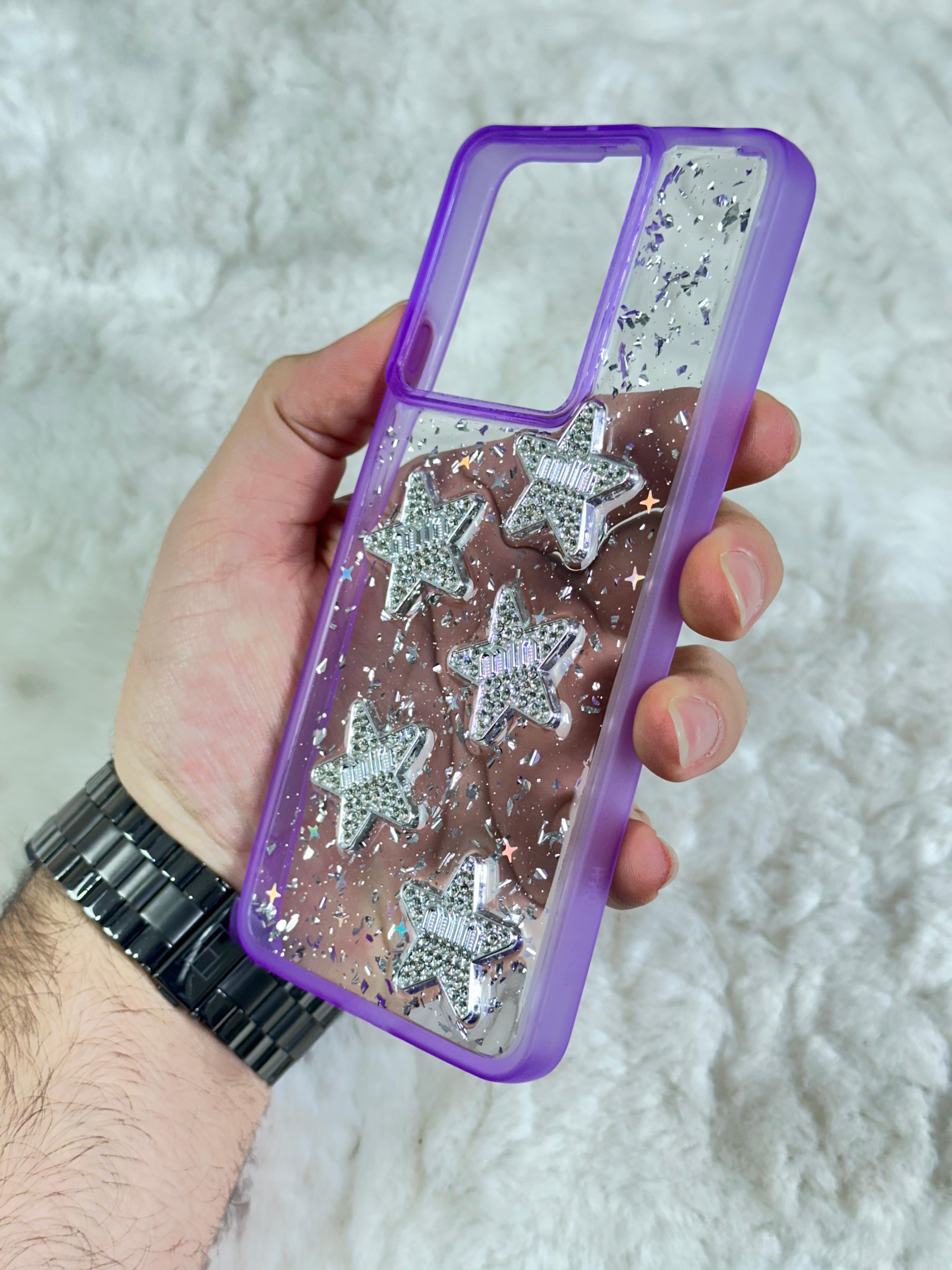 Xiaomi Redmi Note 13 4G Şeffaf Parlak Taşlı Glitter Kılıf - mor yıldız min