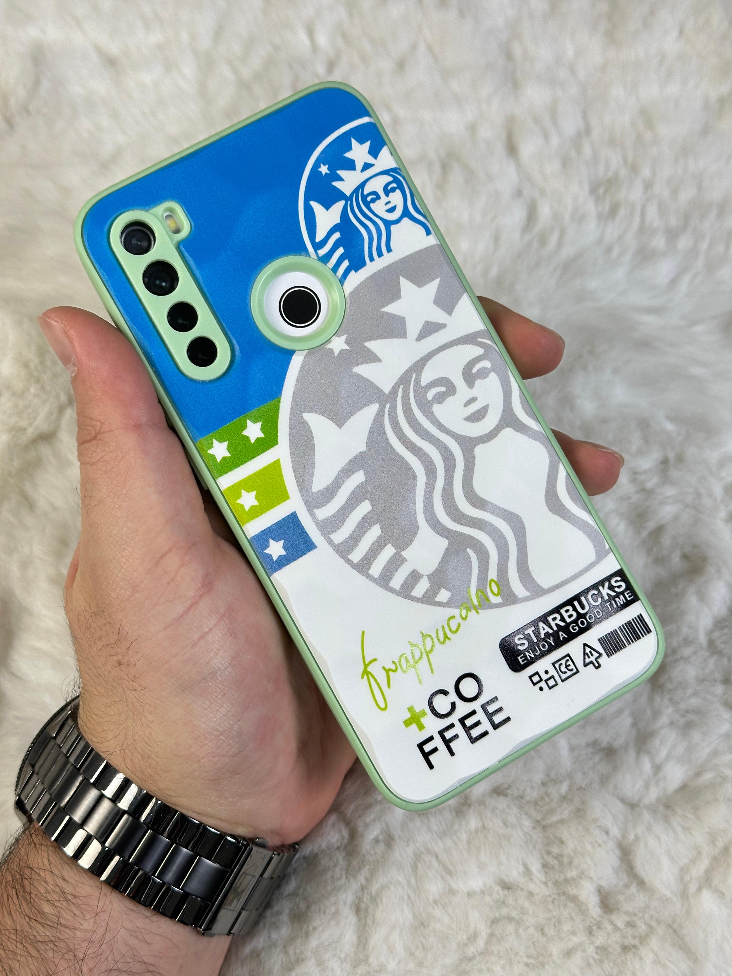 Xiaomi Note 8 uyumlu Arkası Sert Kapaklı Yanları Silikonlu Starbucks-Nike Kılıf  - mavi beyaz star