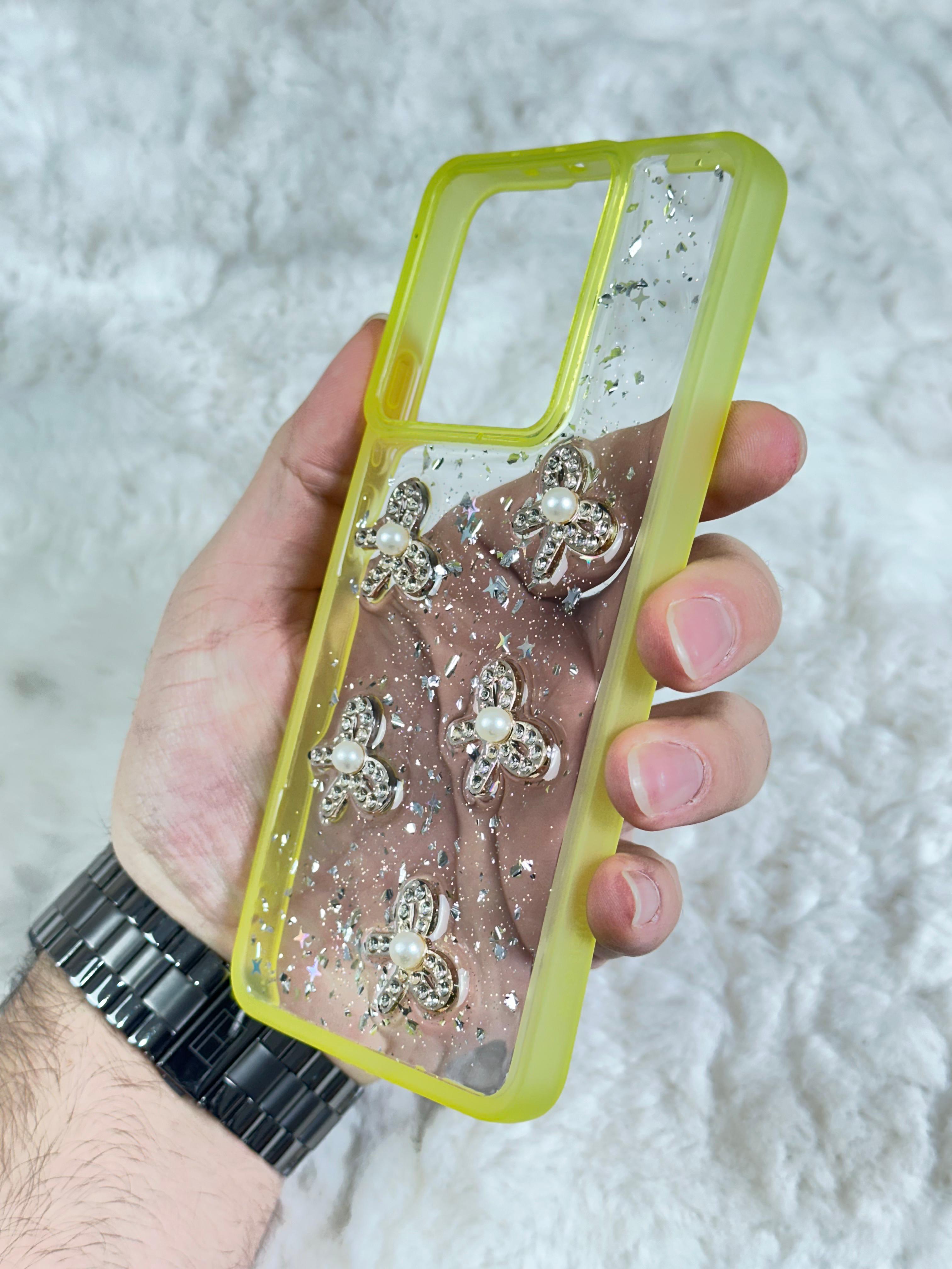 Xiaomi Redmi Note 13 4G Şeffaf Parlak Taşlı Glitter Kılıf - sarı kurdela