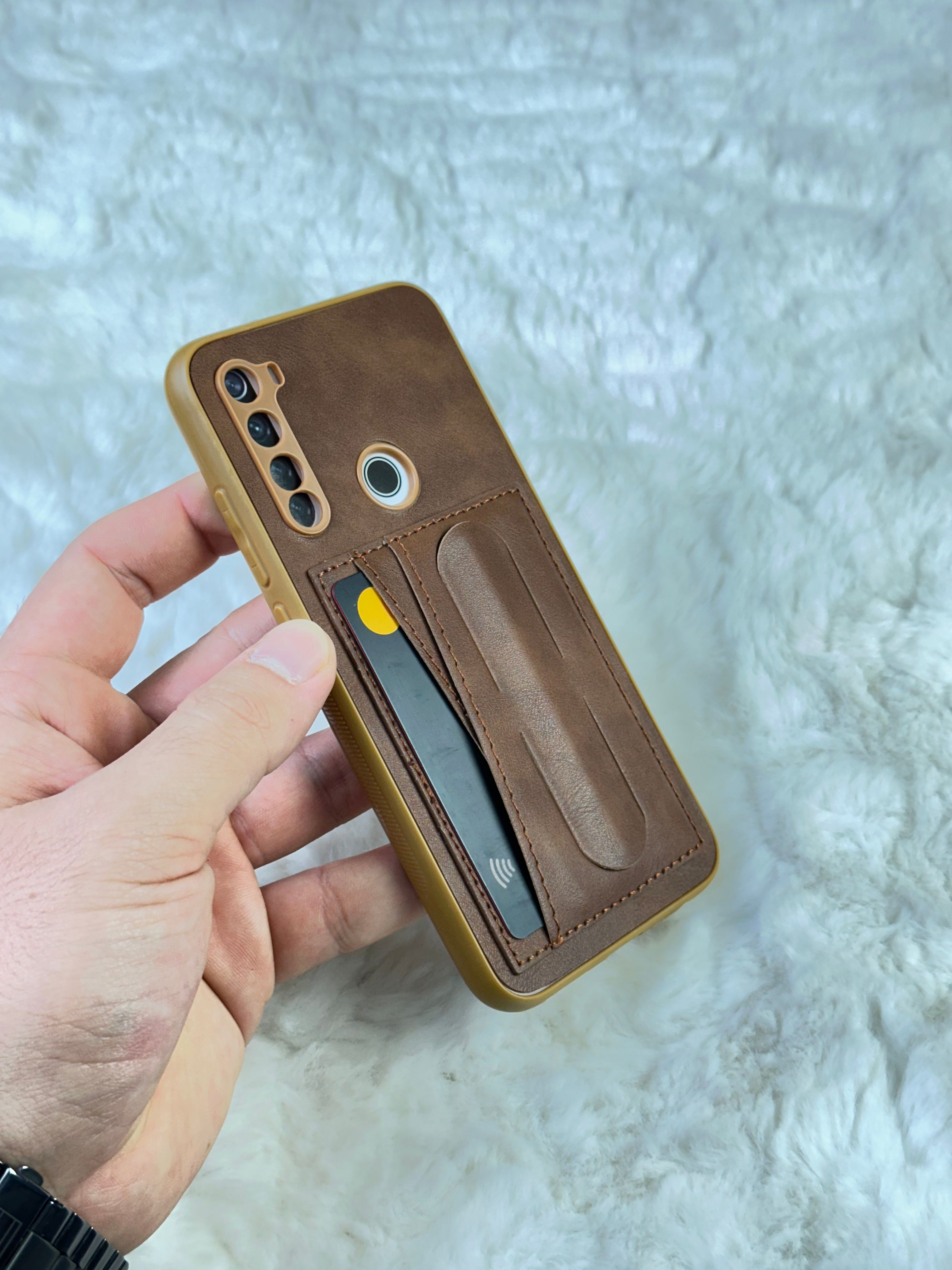 Xiaomi Note 8 Stand Olabilen Arkası Deri İçi Süet Deri Kartvizitli Kılıf  - Kahverengi