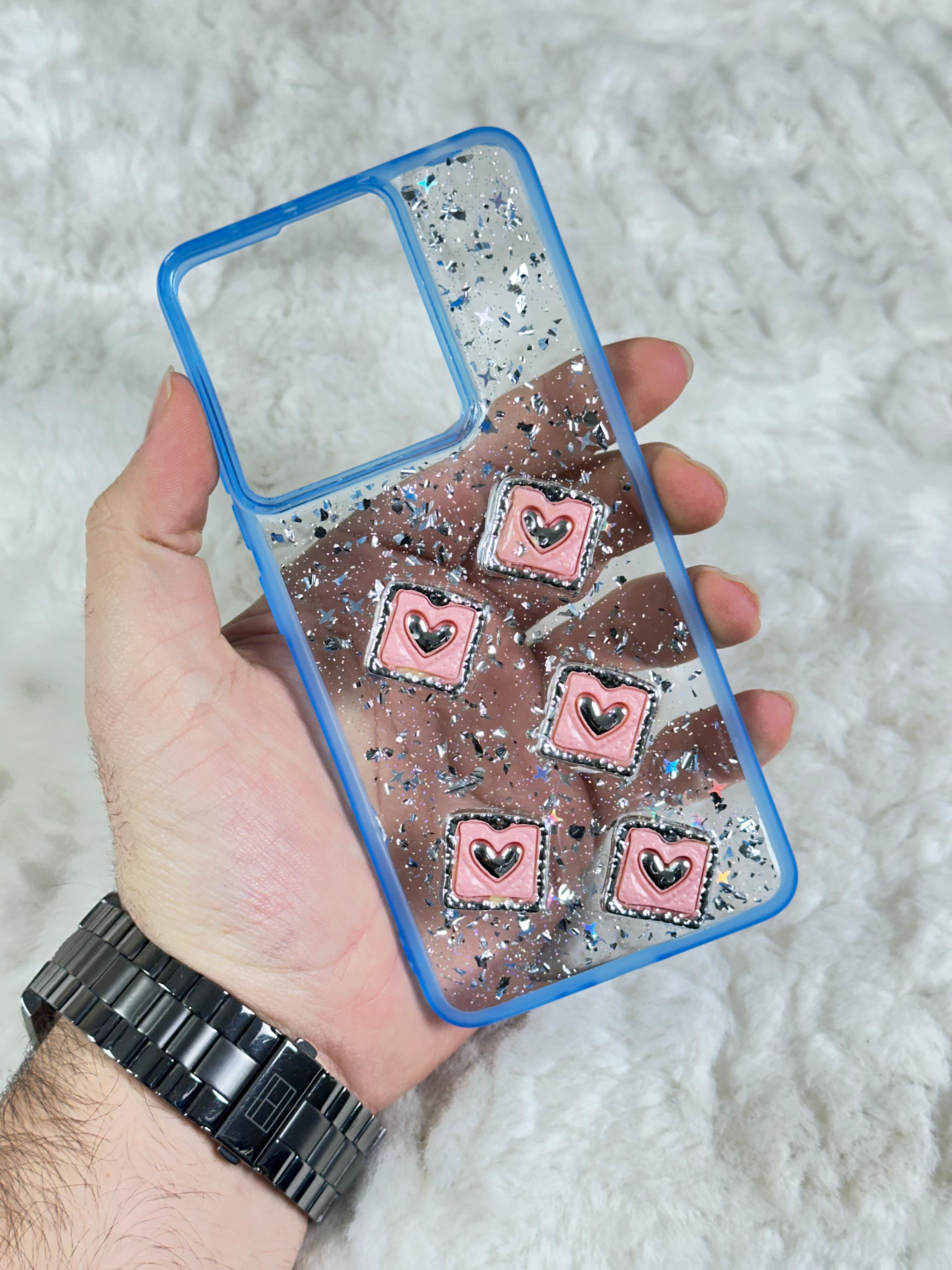 Xiaomi Redmi Note 13 4G Şeffaf Parlak Taşlı Glitter Kılıf - Mavi Kalp