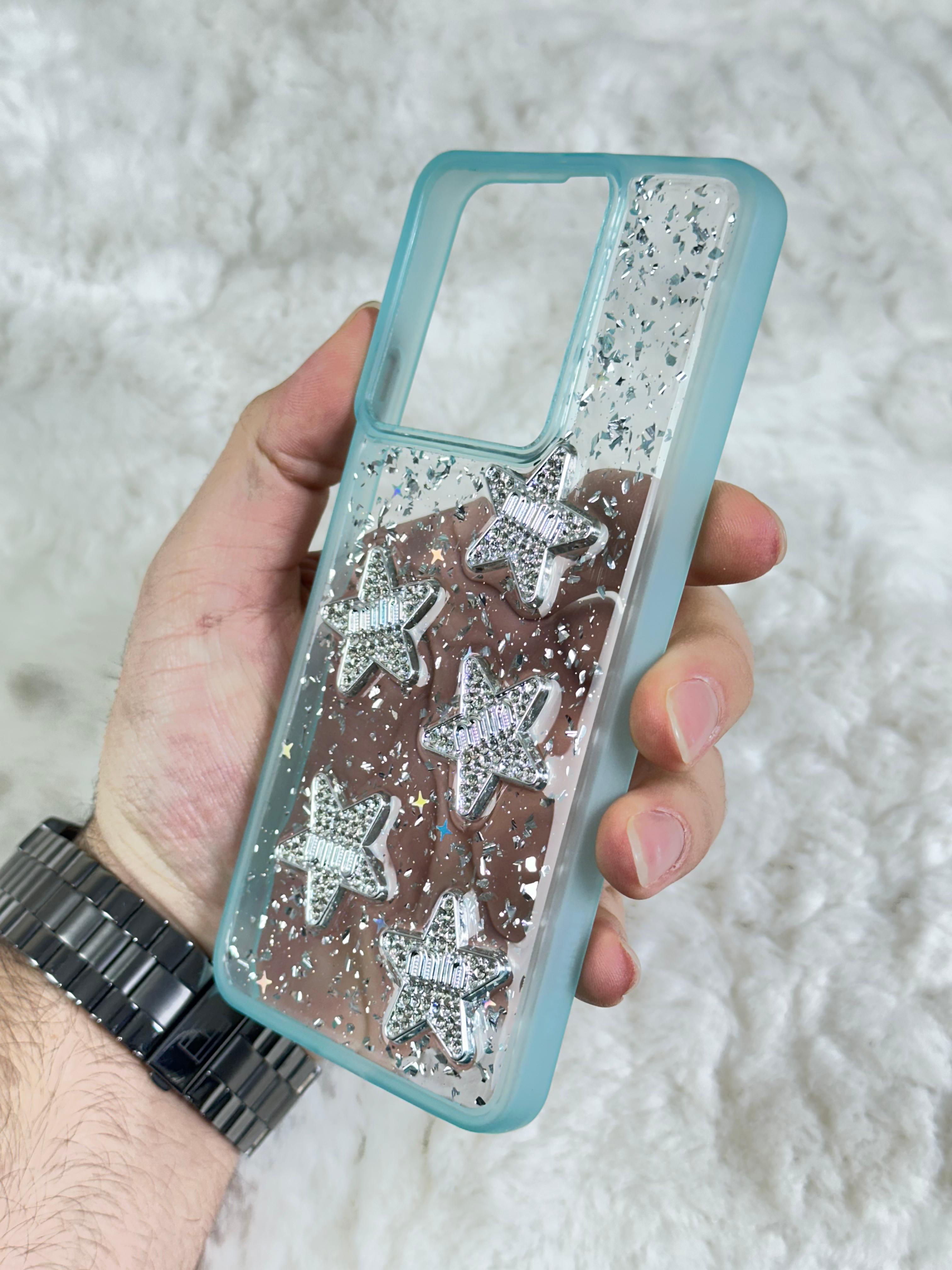 Xiaomi Redmi Note 13 4G Şeffaf Parlak Taşlı Glitter Kılıf - Turkuaz yıldız min