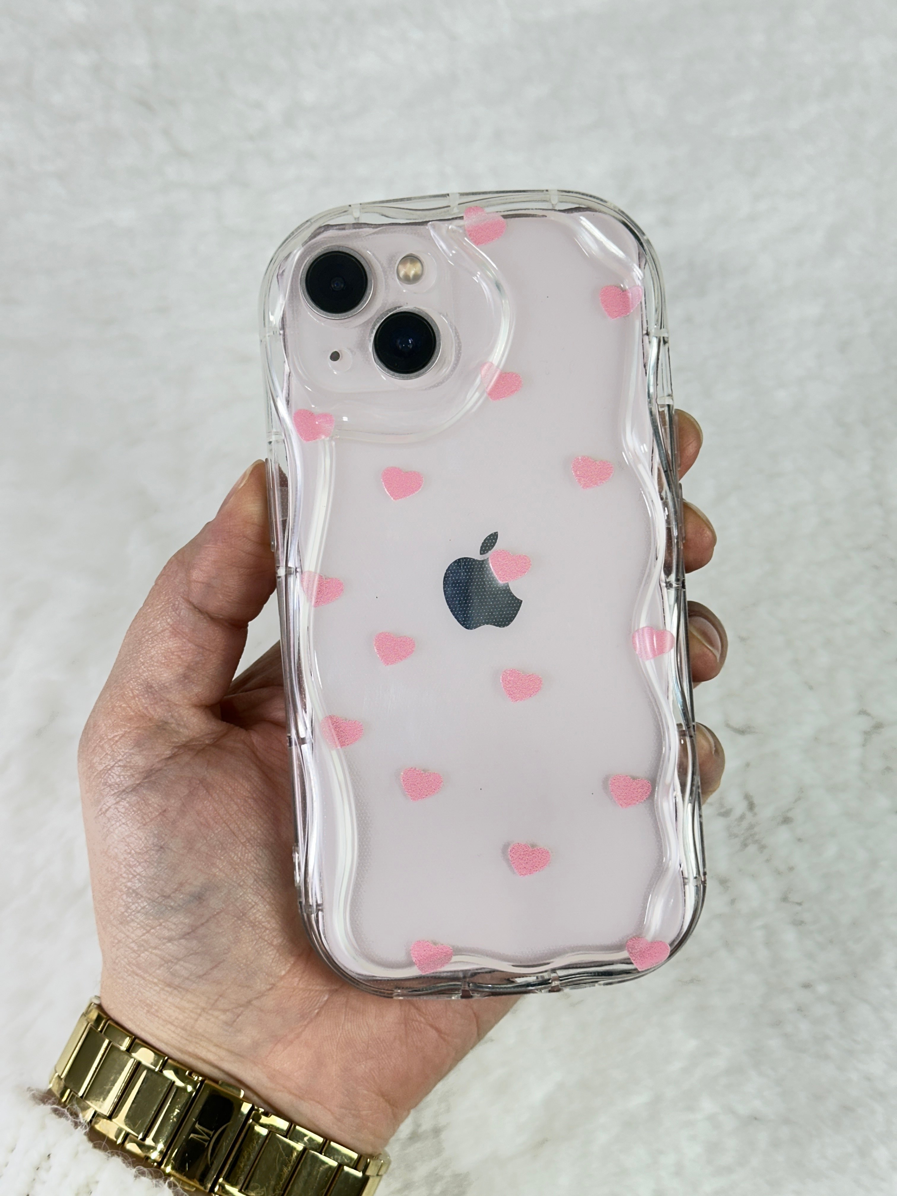 iPhone 15 Şeffaf Pembe Kalp Desenli Kamera Çıkıntılı Poly Kılıf