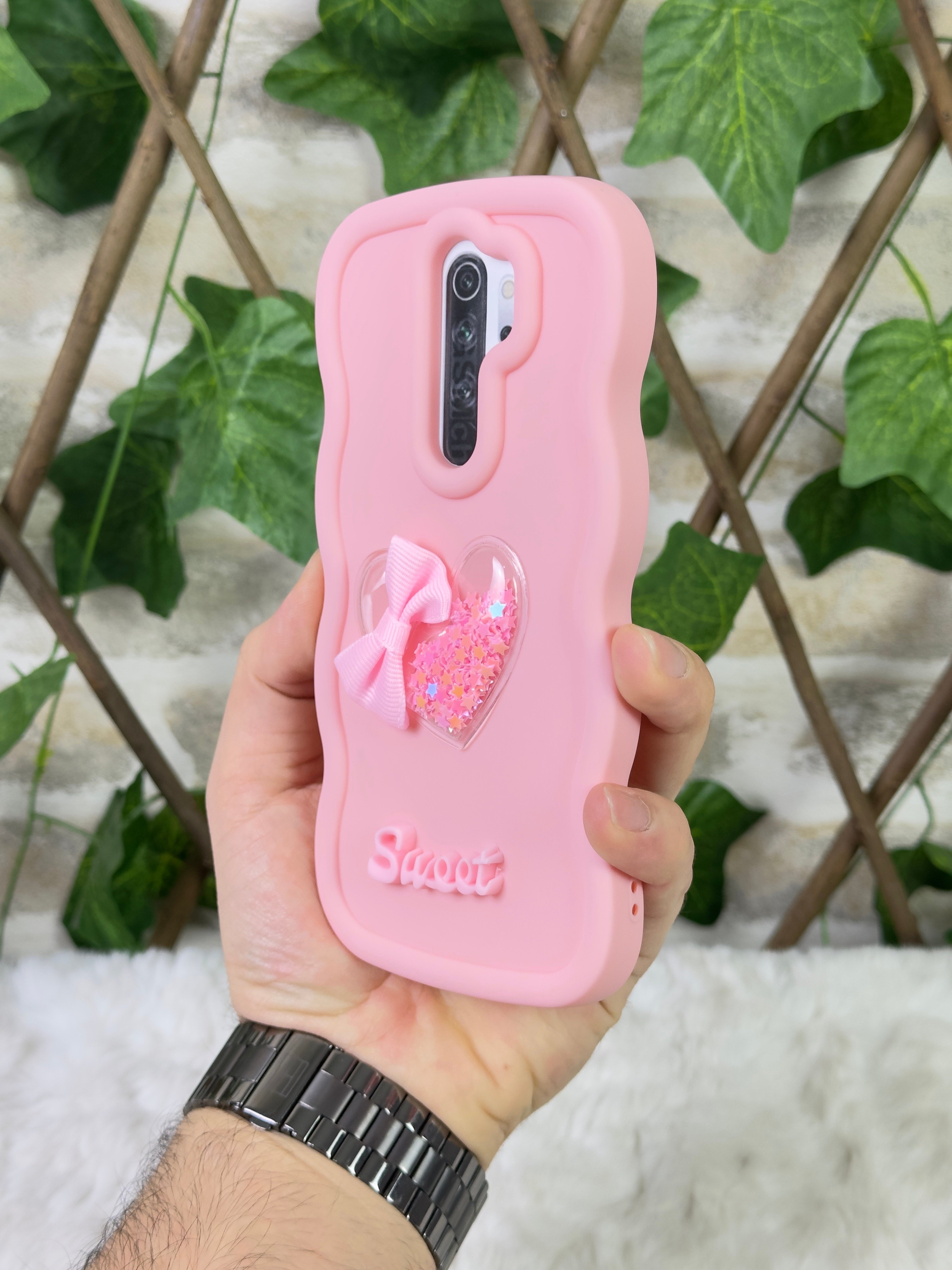 Xiaomi Redmi Note 8 Pro Uyumlu Renkli Kalp Kurdele Detaylı Simli Dalgalı Sweety Kılıf - Rose