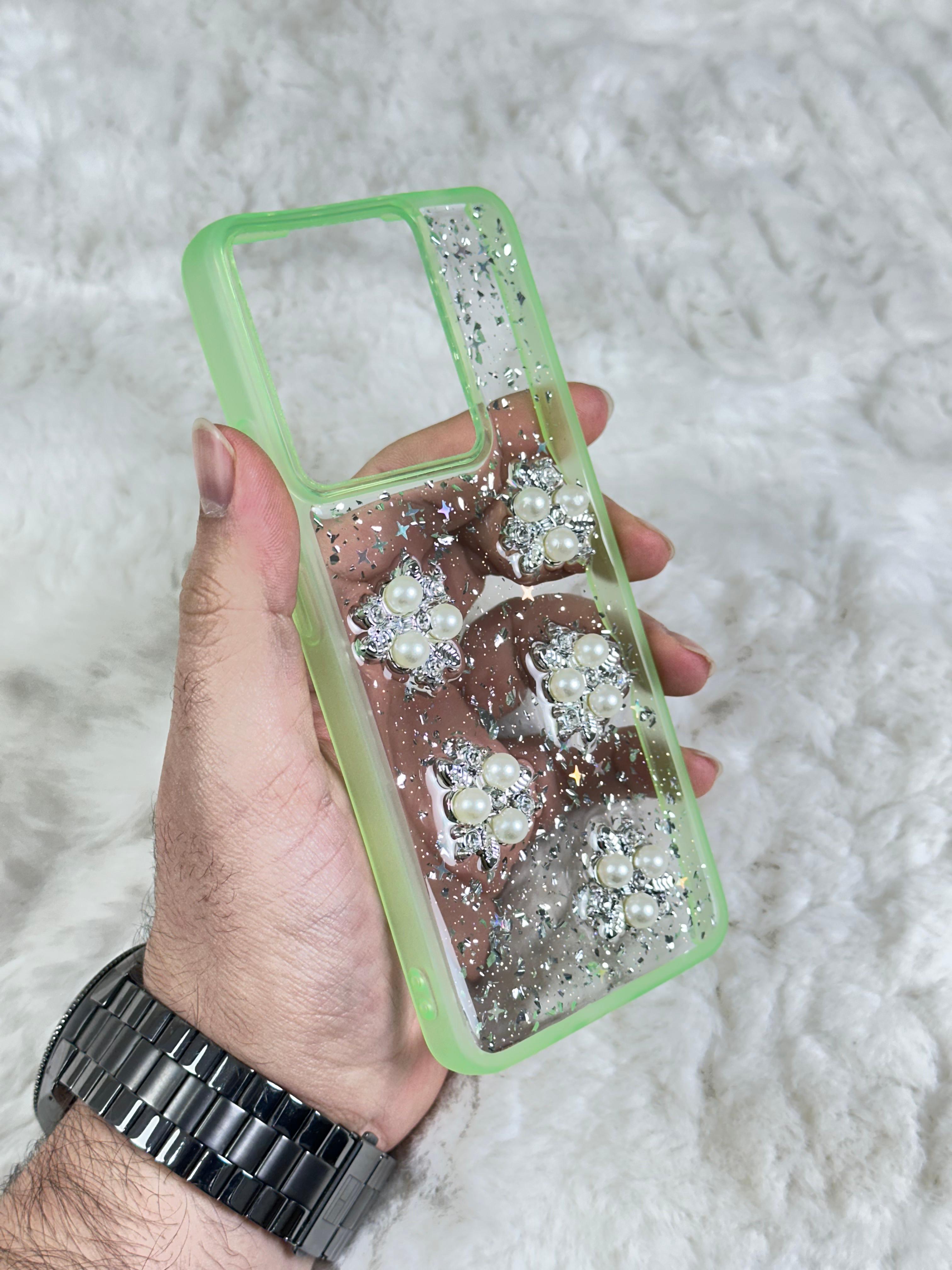 Xiaomi Redmi Note 13 4G Şeffaf Parlak Taşlı Glitter Kılıf - yeşil boncuk