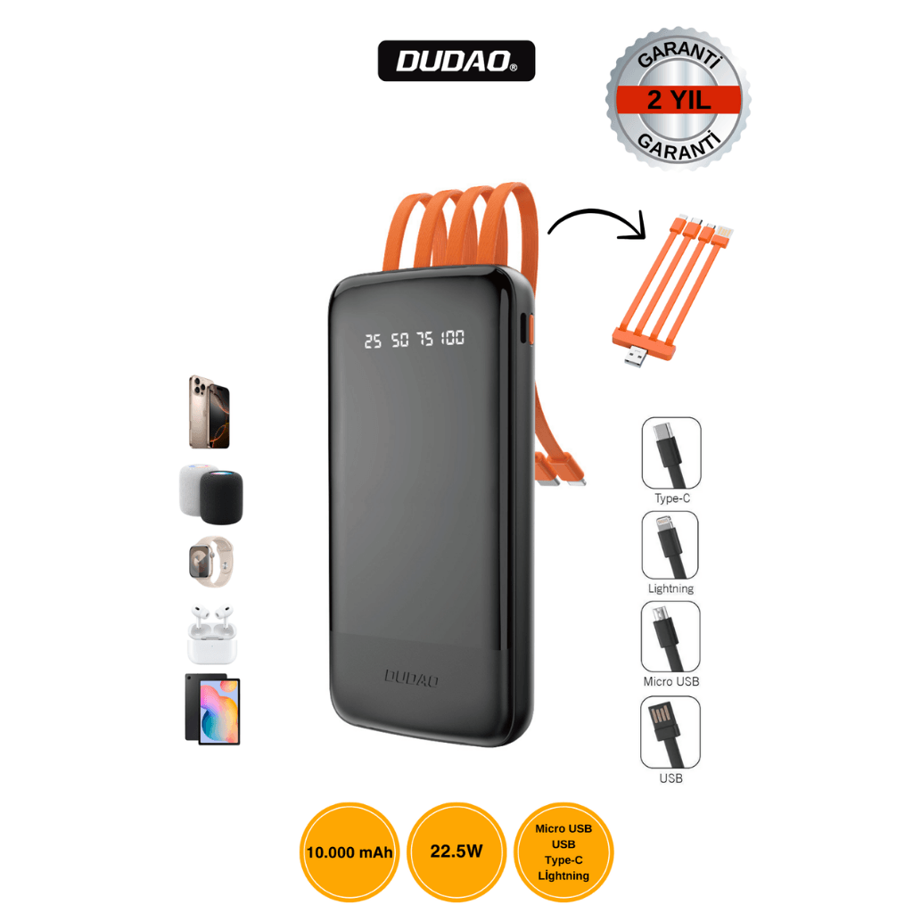 DUDAO K6PRO 10.000mAh Batarya 22.5W Hızlı Şarj Siyah