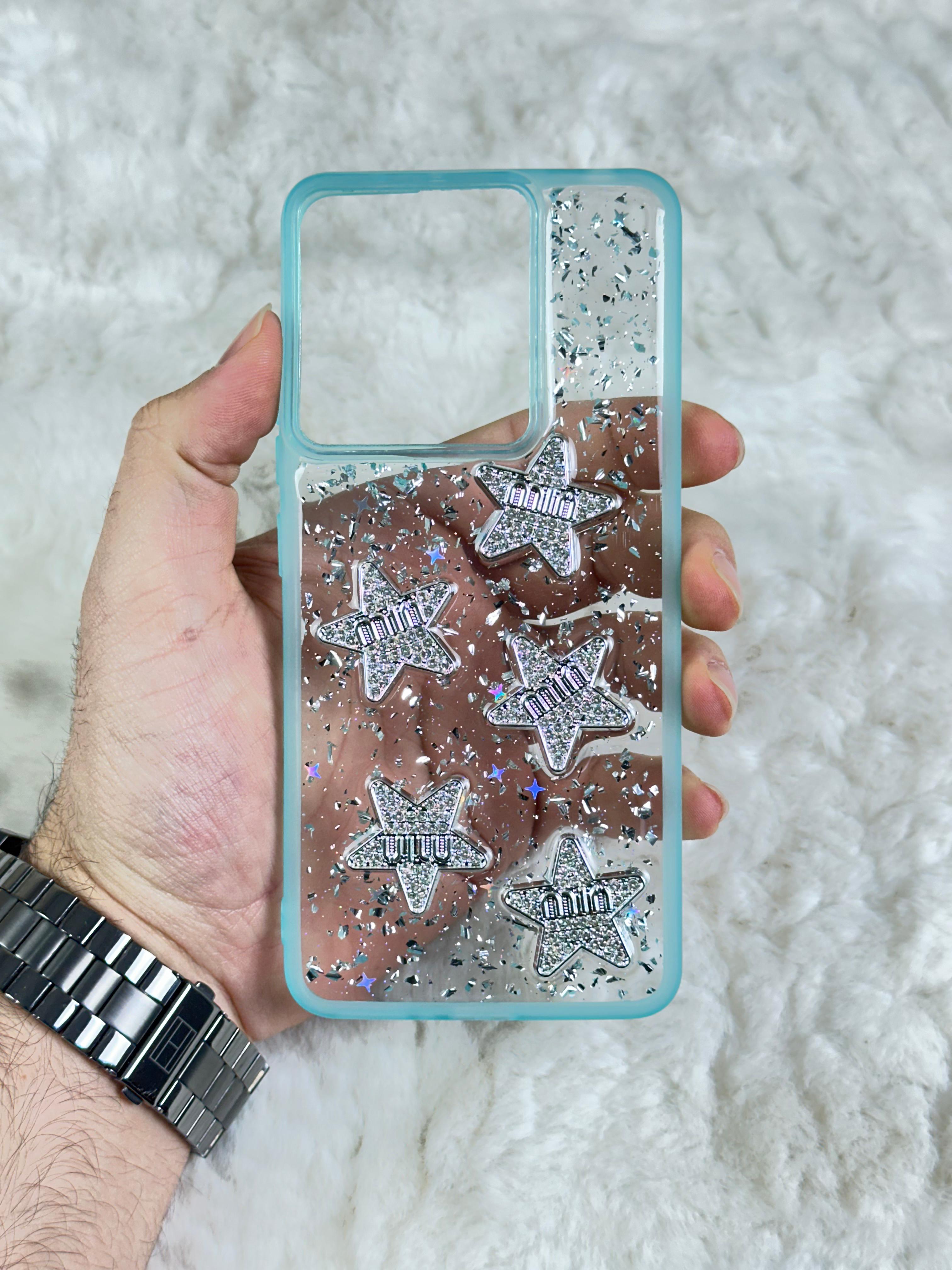 Xiaomi Redmi Note 13 4G Şeffaf Parlak Taşlı Glitter Kılıf - Turkuaz yıldız min