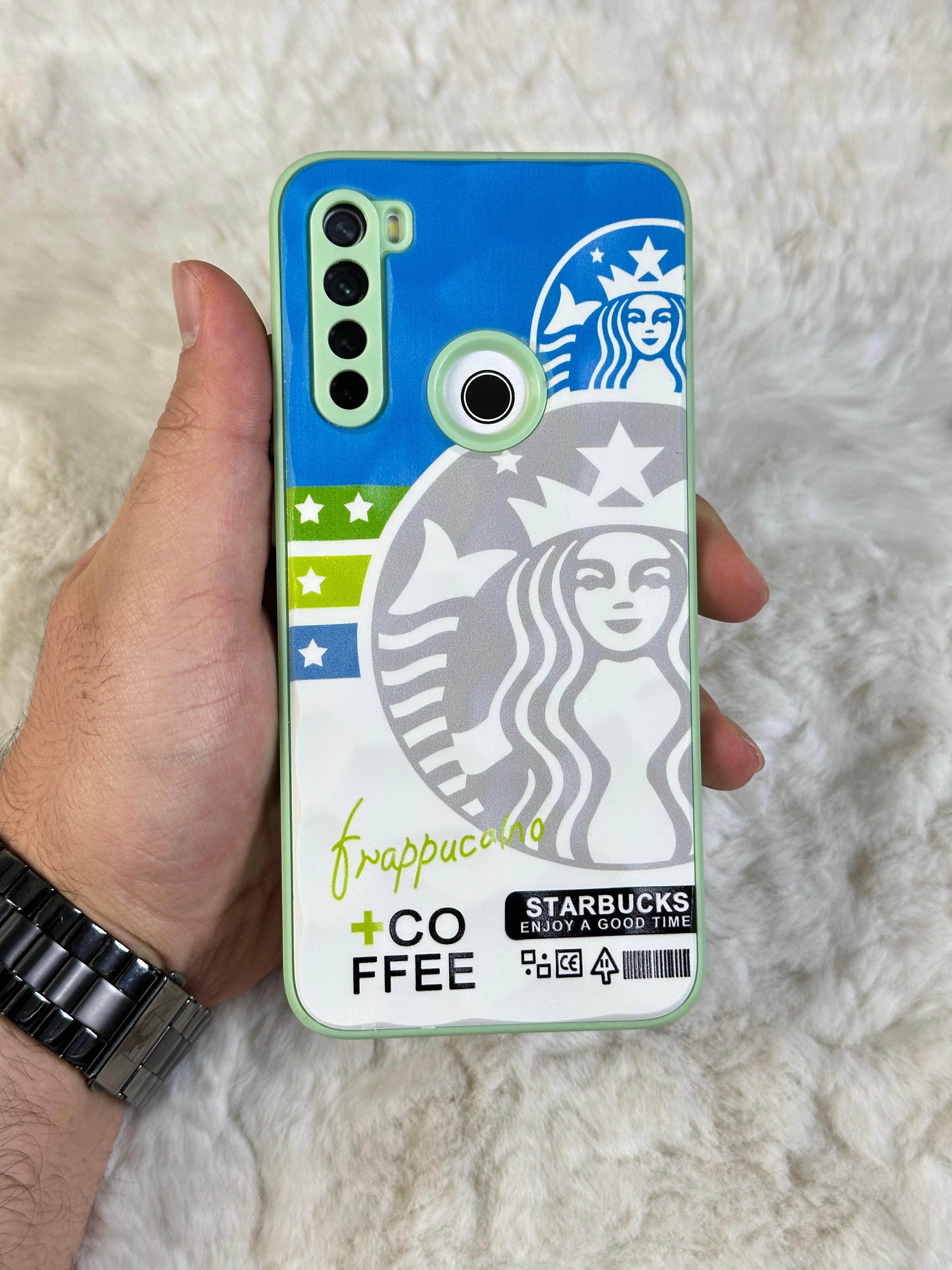 Xiaomi Note 8 uyumlu Arkası Sert Kapaklı Yanları Silikonlu Starbucks-Nike Kılıf  - mavi beyaz star