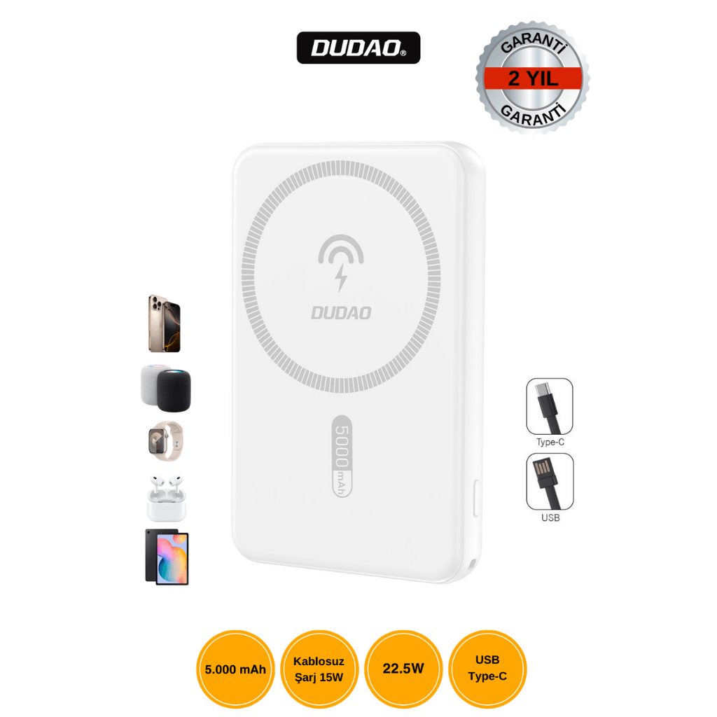 DUDAO K14S 5.000mAh Batarya 15W Kablosuz Şarj Beyaz 