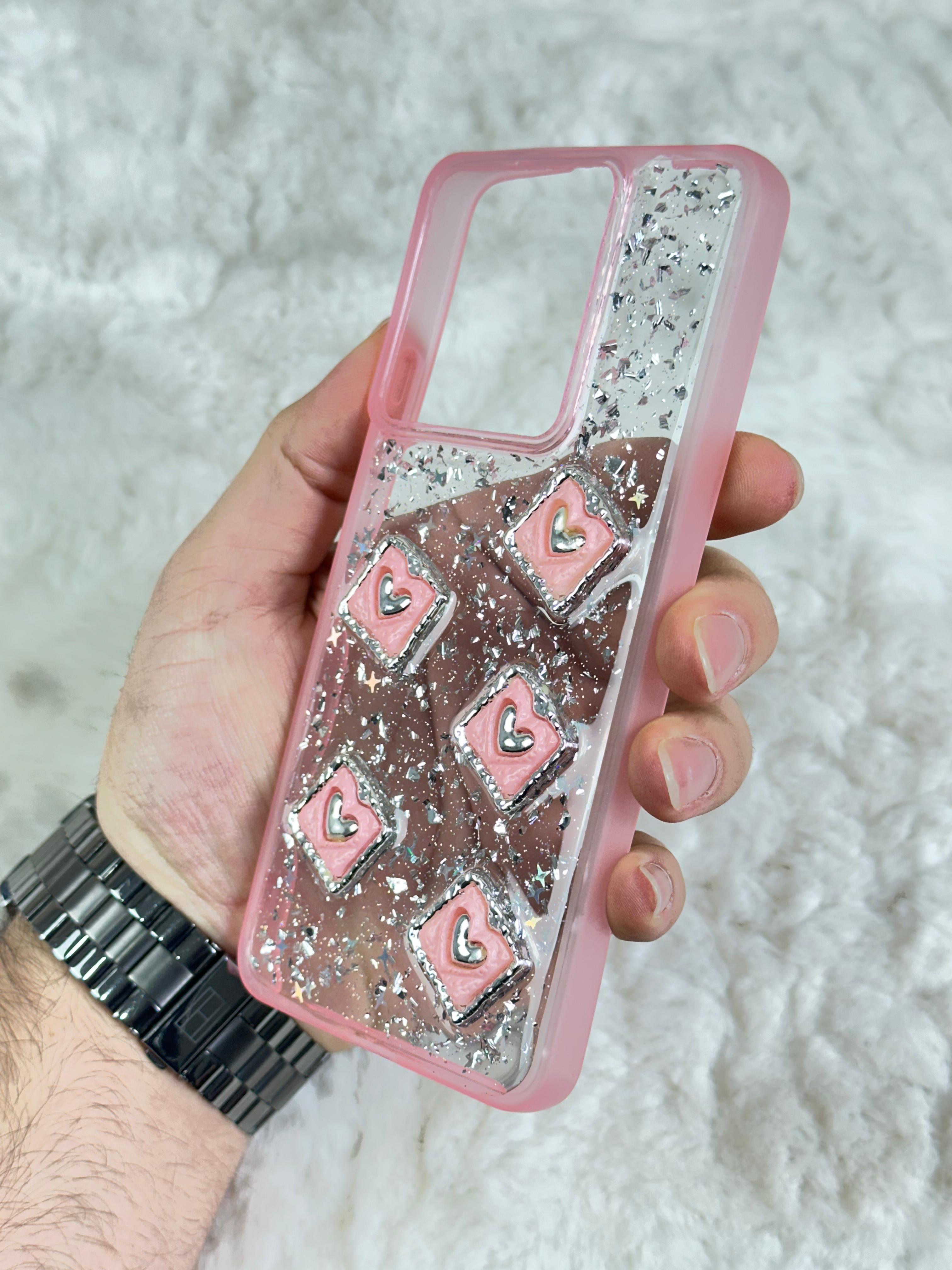 Xiaomi Redmi Note 13 4G Şeffaf Parlak Taşlı Glitter Kılıf - Pembe Kalp