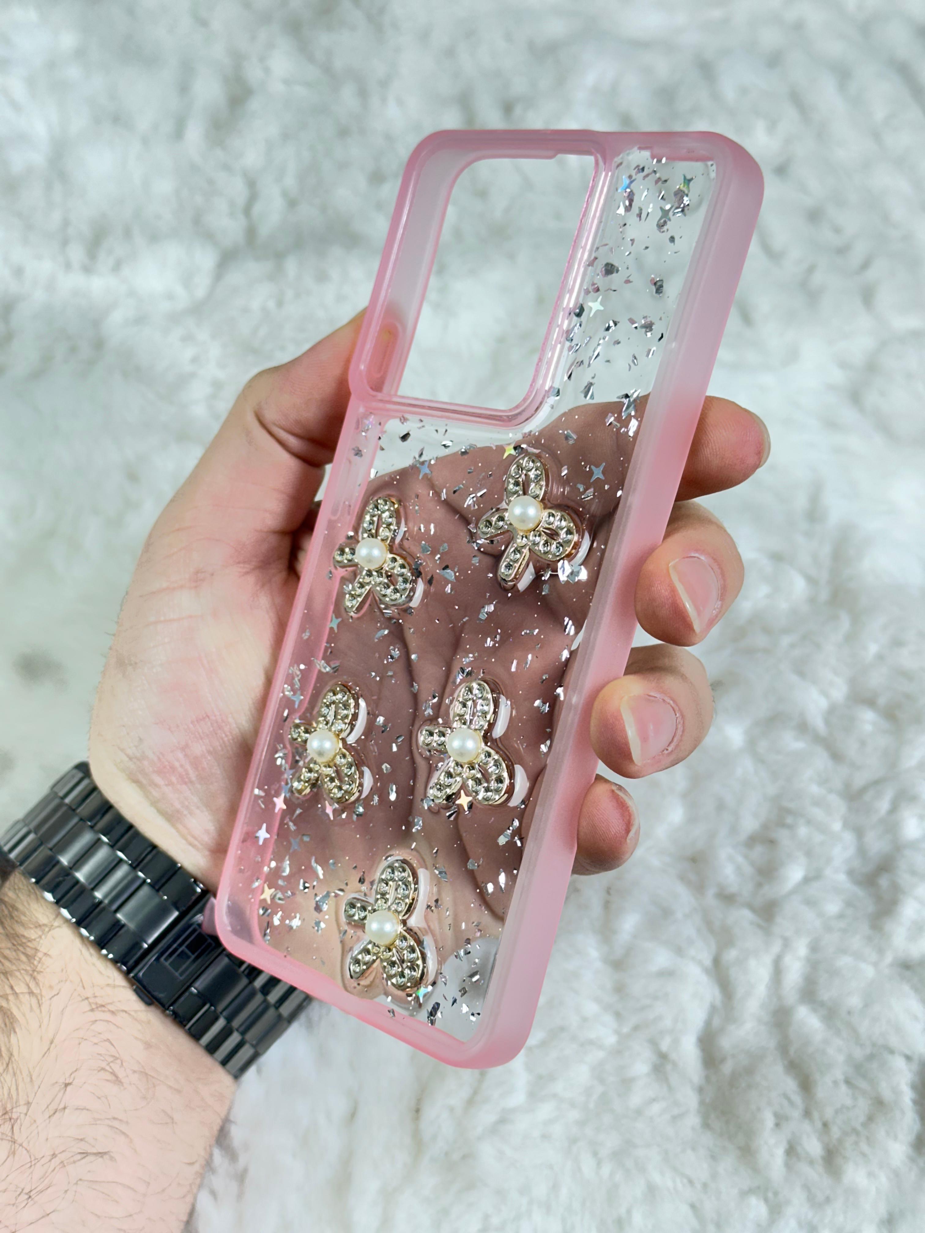 Xiaomi Redmi Note 13 4G Şeffaf Parlak Taşlı Glitter Kılıf - pembe kurdela