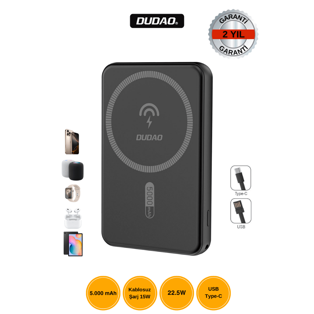 DUDAO K14S 5.000mAh Batarya 15W Kablosuz Şarj Siyah