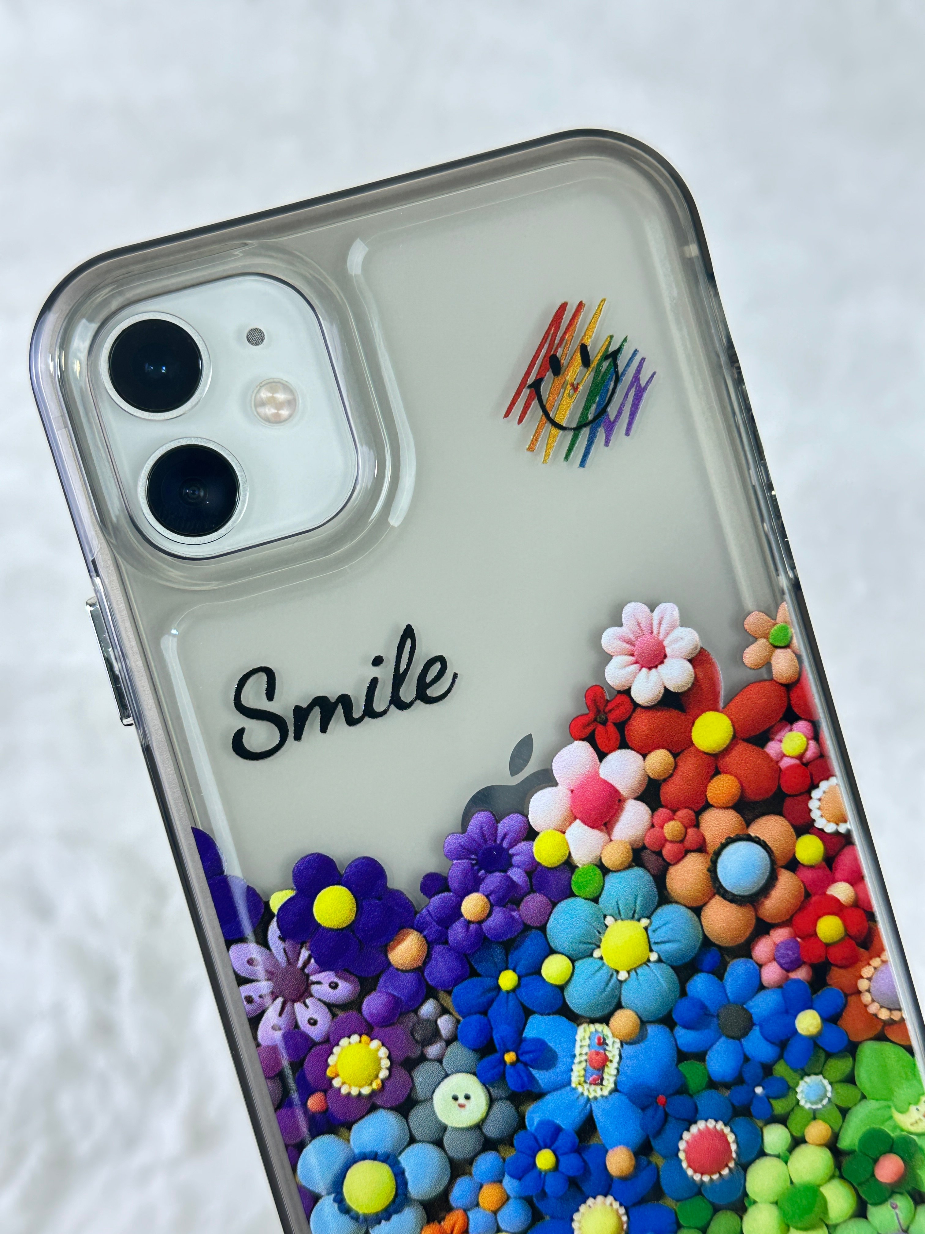 iPhone 11 Renkli Çiçek Desenli Smile Yazılı Pox Kılıf