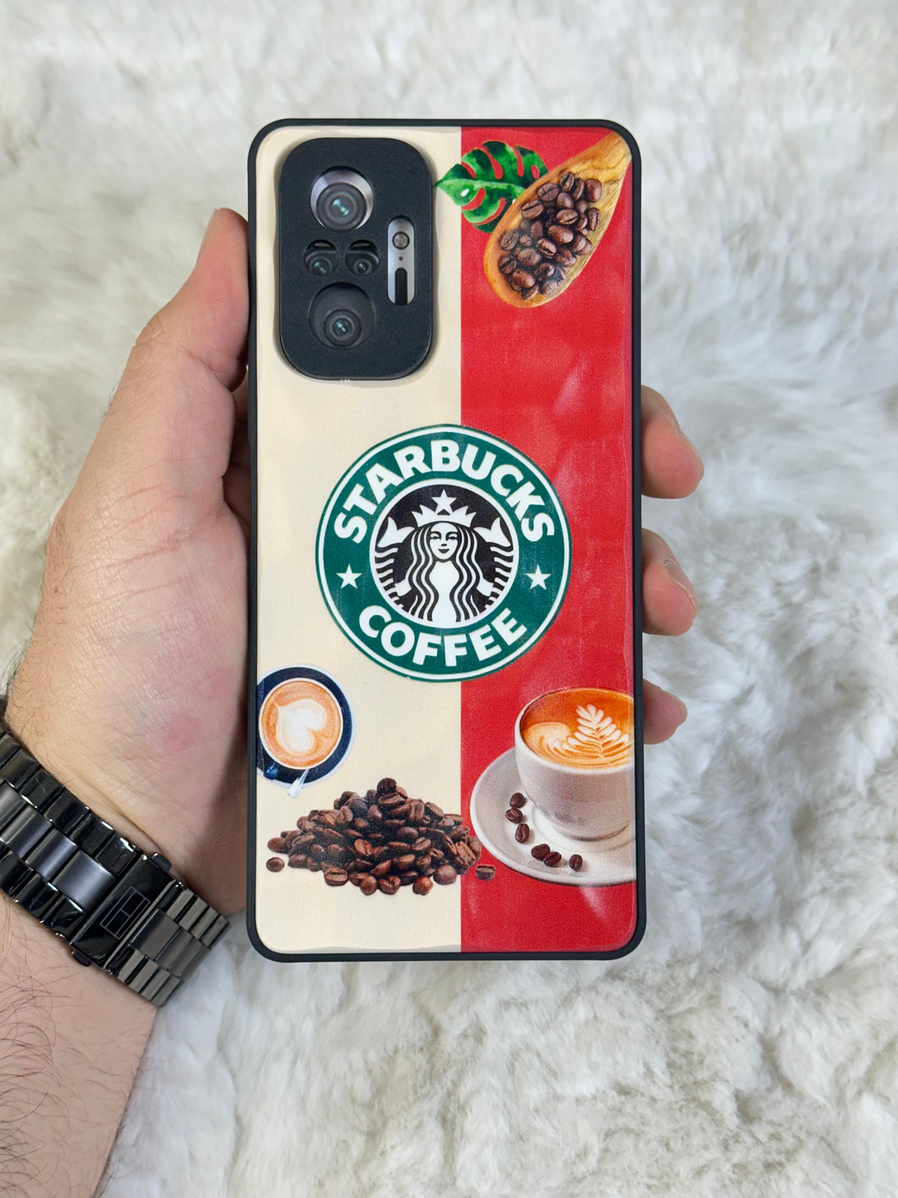 Xiaomi Note 10 Pro uyumlu Arkası Sert Kapaklı Yanları Silikonlu Starbucks-Nike Kılıf  - beyaz kırmızı star