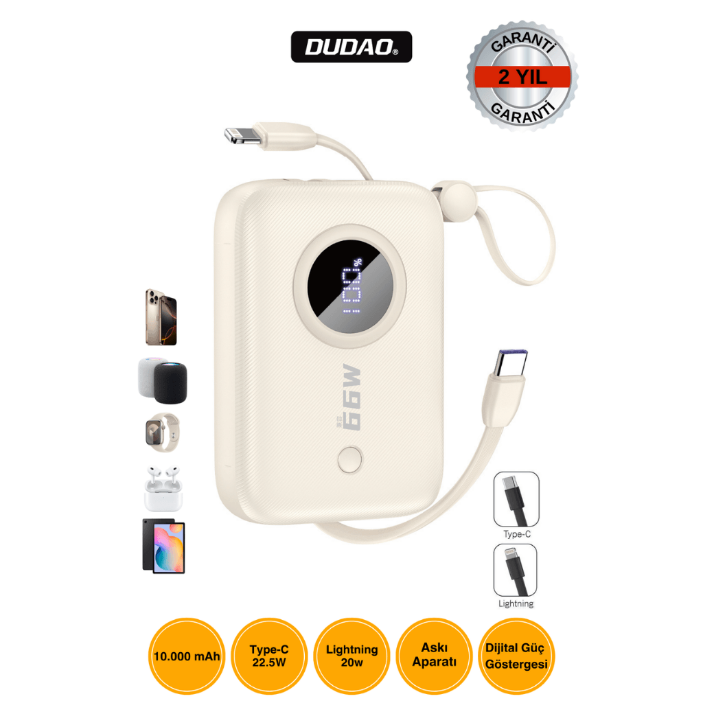 DUDAO K14 10.000mAh Batarya 66W Hızlı Şarj Beyaz