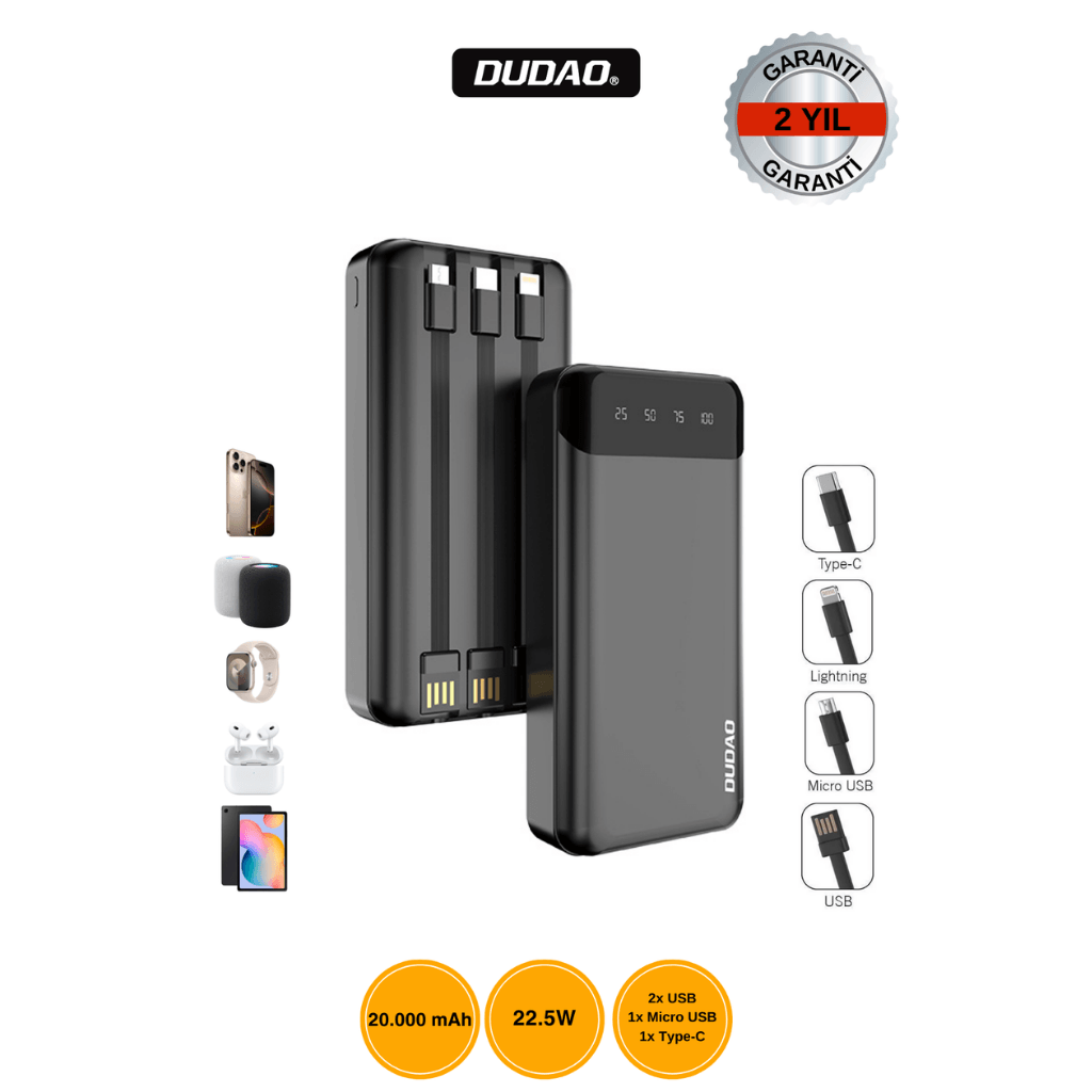 DUDAO K6PRO+ 20.000mAh Batarya 22.5W Hızlı Şarj Siyah