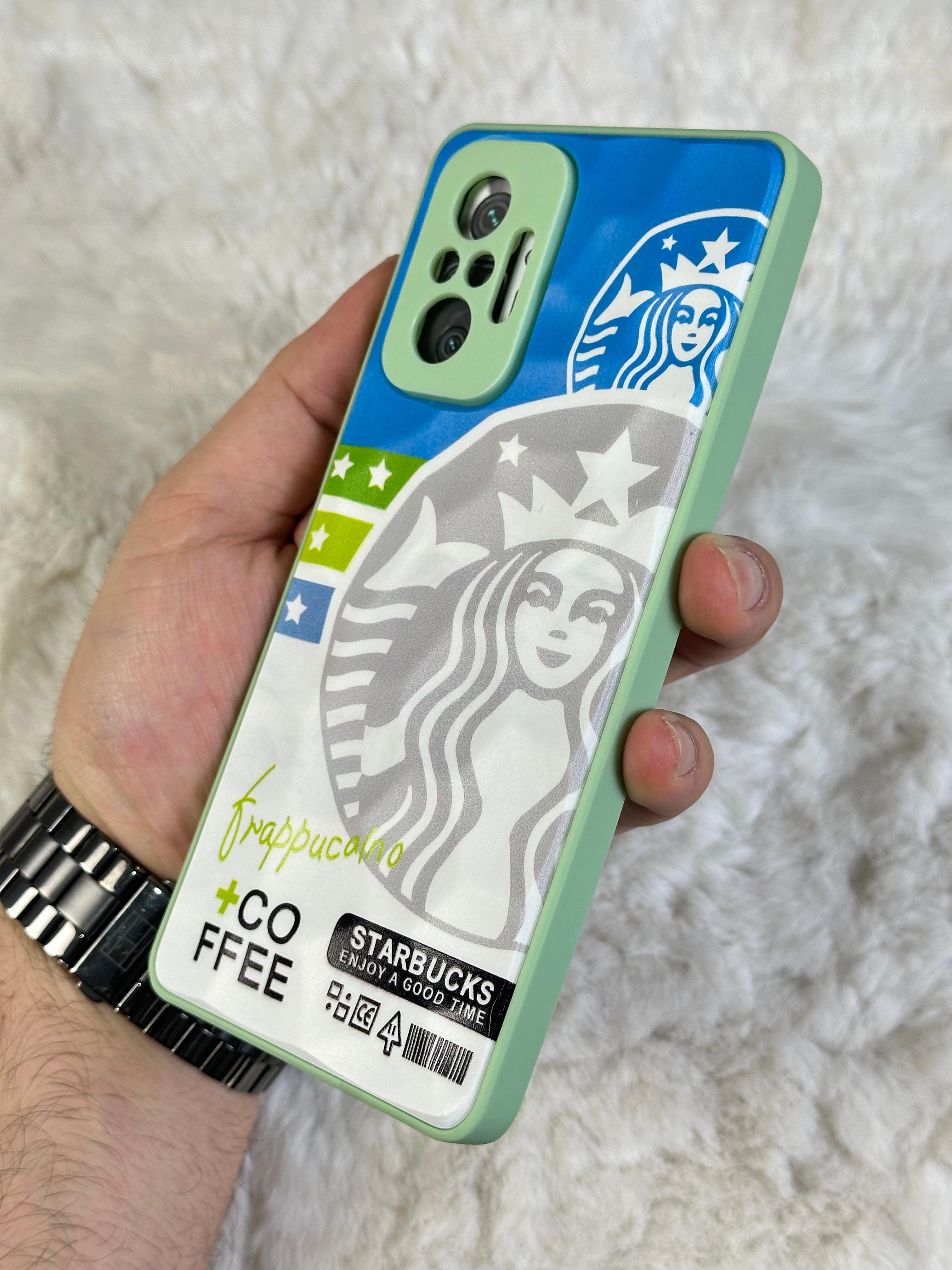 Xiaomi Note 10 Pro uyumlu Arkası Sert Kapaklı Yanları Silikonlu Starbucks-Nike Kılıf  - mavi beyaz star