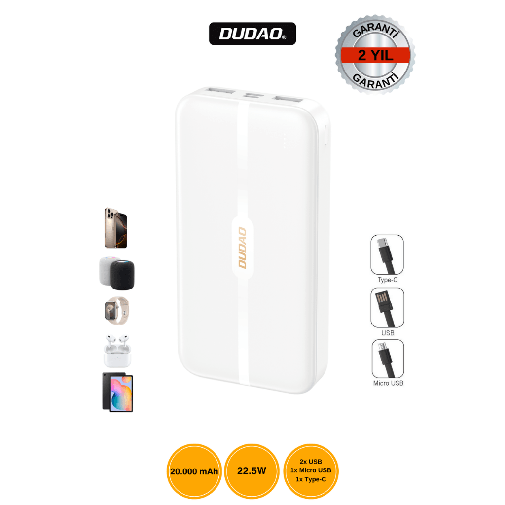 DUDAO K4S+ 20.000mAh Batarya 22.5W Hızlı Şarj Beyaz 