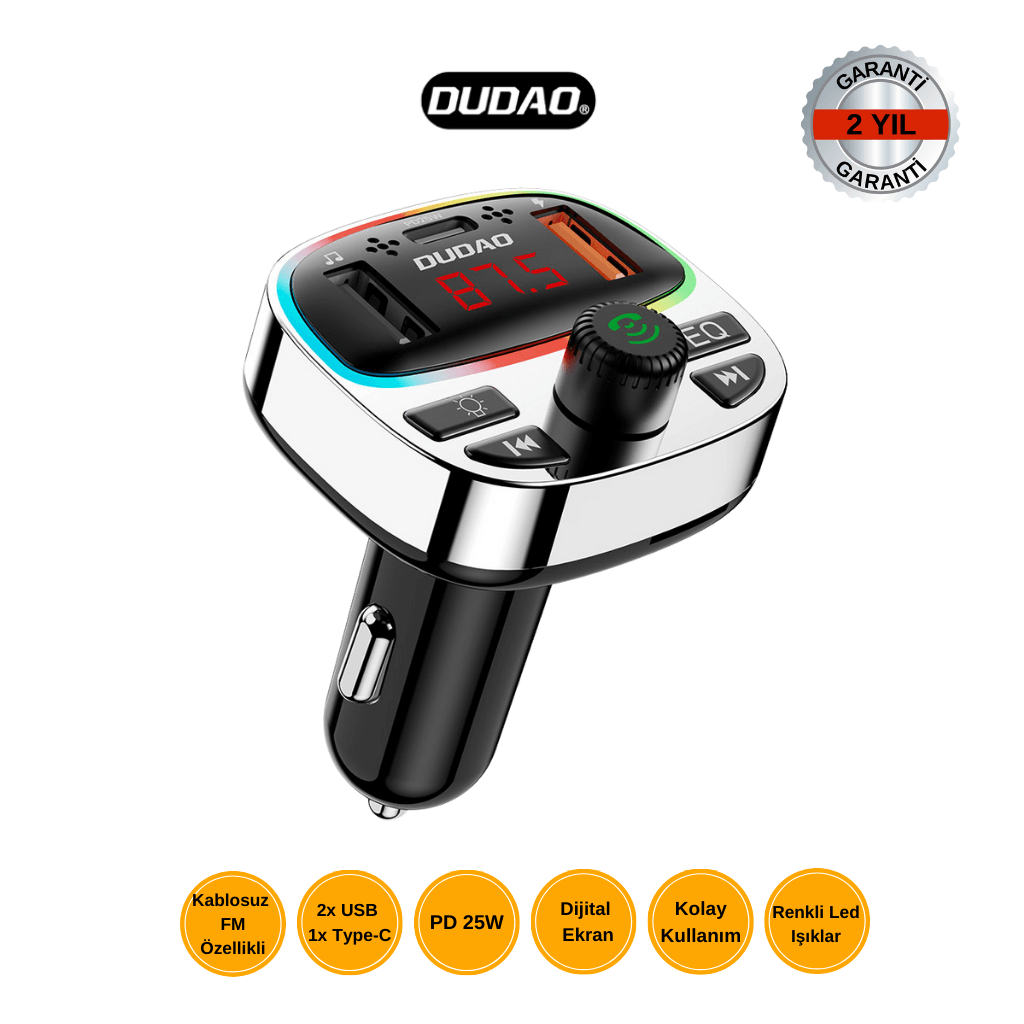 DUDAO R2PRO+ Araç Şarj Adaptörü & FM Transmitter – Dijital Ekran ve RGB Led Aydınlatmalı Tasarım