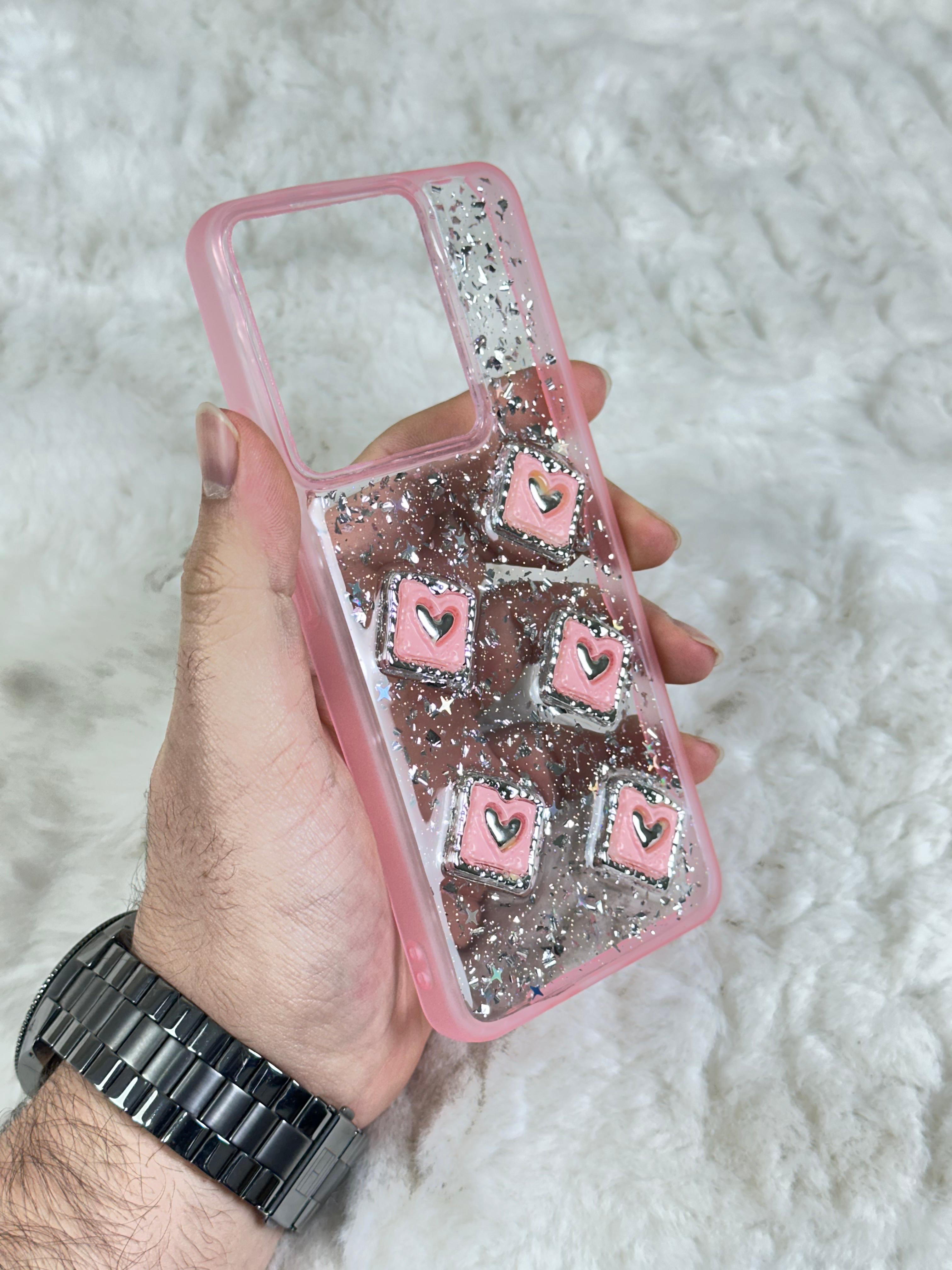 Xiaomi Redmi Note 13 4G Şeffaf Parlak Taşlı Glitter Kılıf - Pembe Kalp