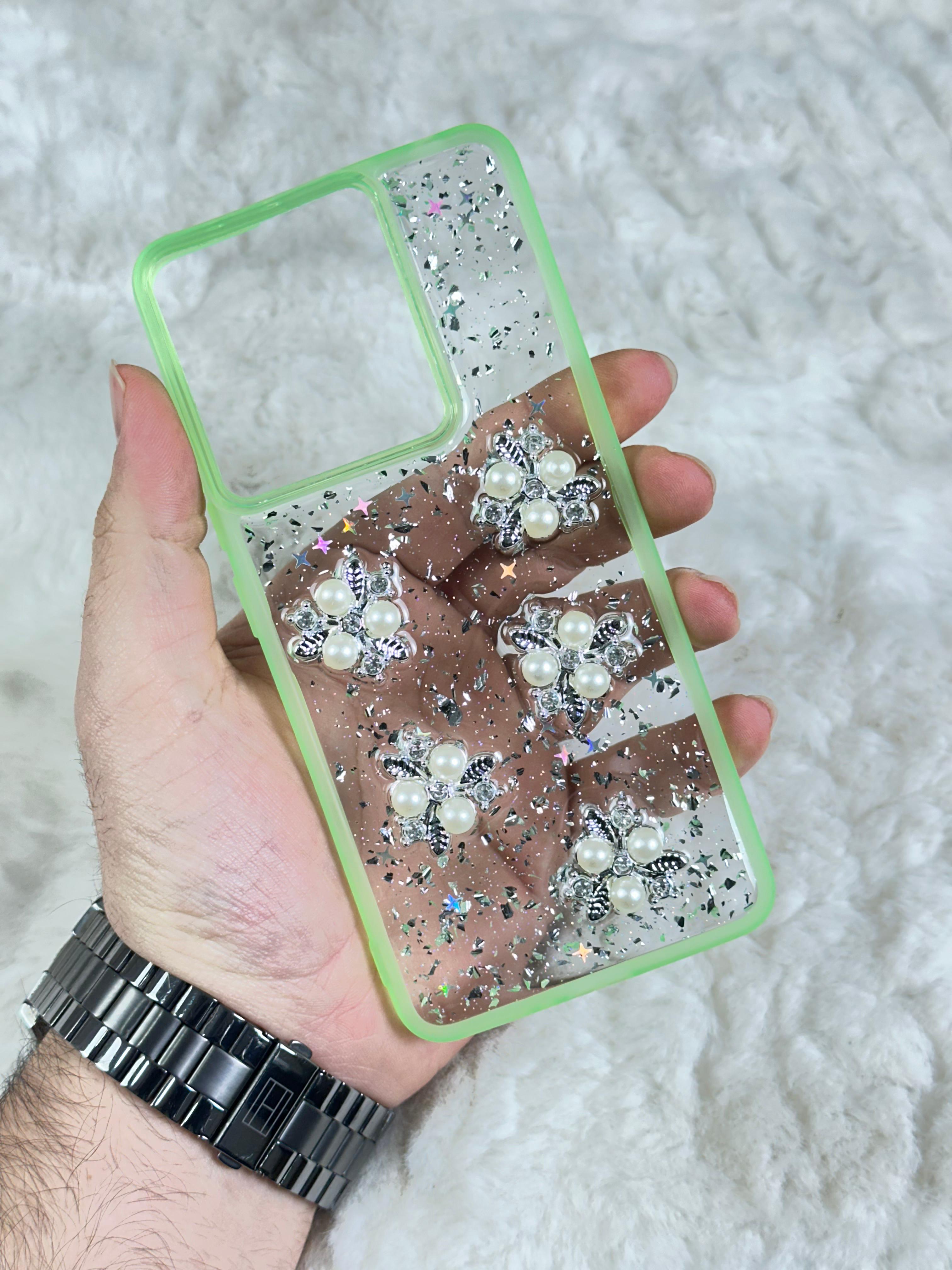 Xiaomi Redmi Note 13 4G Şeffaf Parlak Taşlı Glitter Kılıf - yeşil boncuk