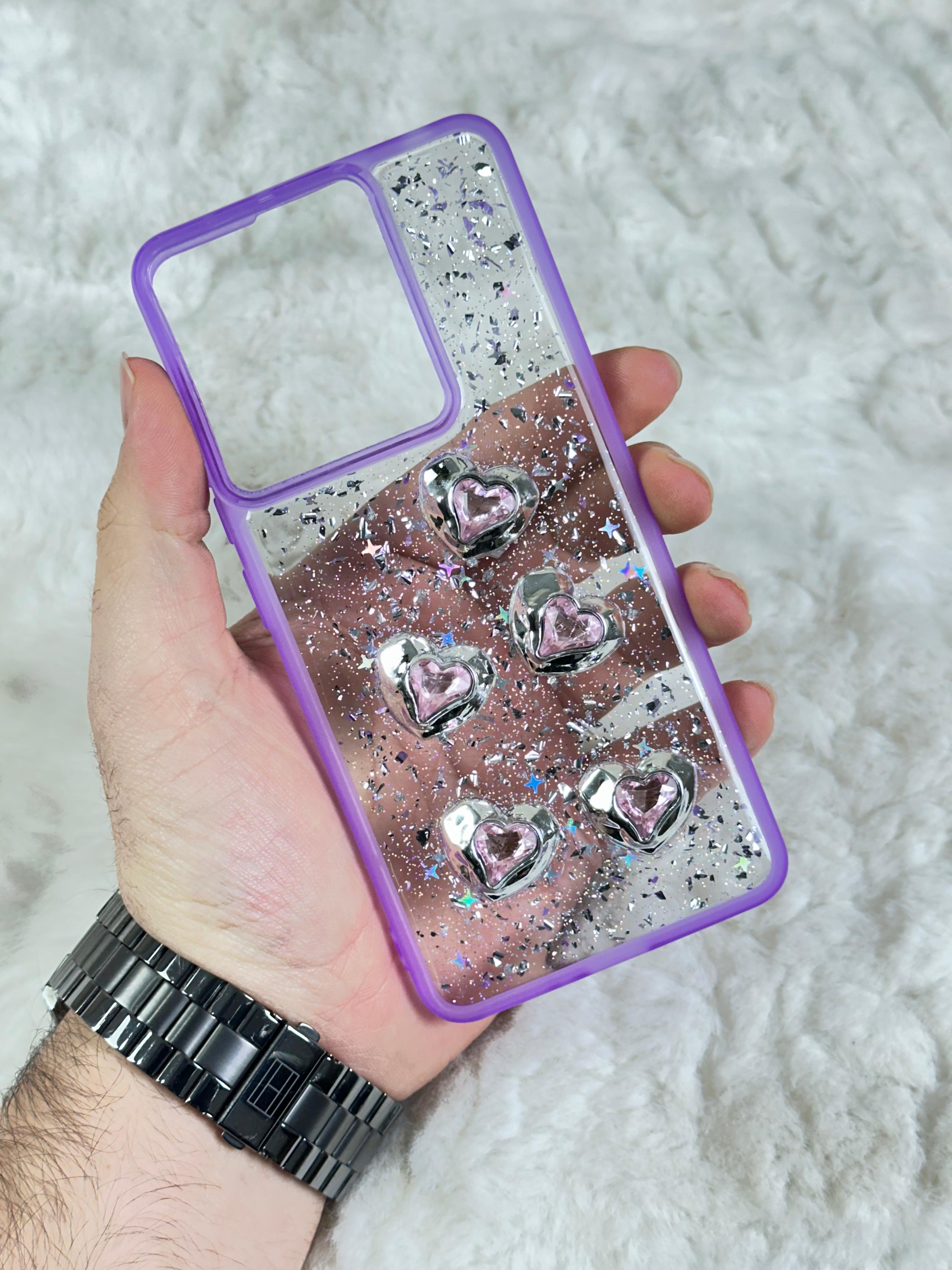 Xiaomi Redmi Note 13 4G Şeffaf Parlak Taşlı Glitter Kılıf - mor taşlı kalp