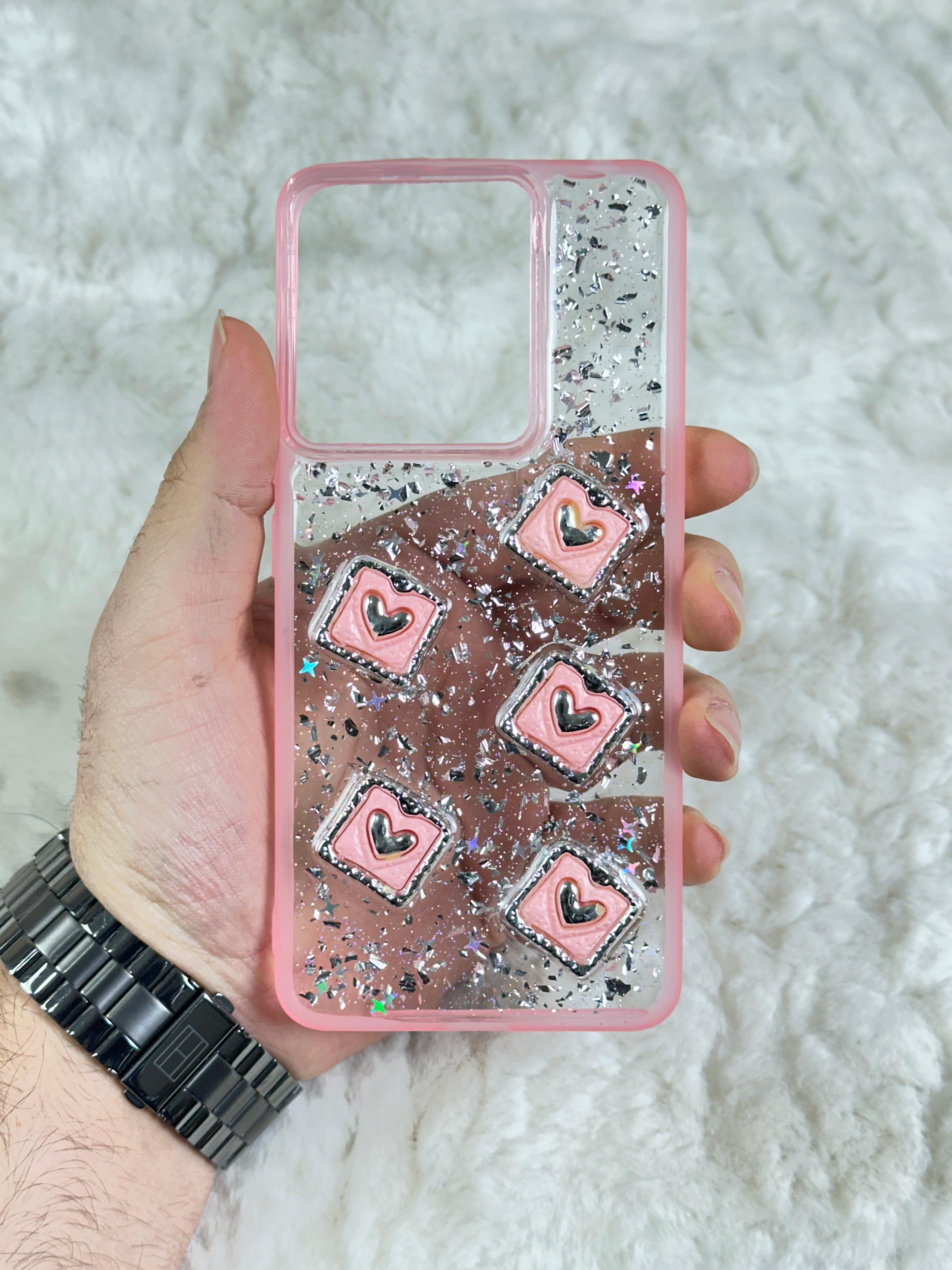 Xiaomi Redmi Note 13 4G Şeffaf Parlak Taşlı Glitter Kılıf - Pembe Kalp