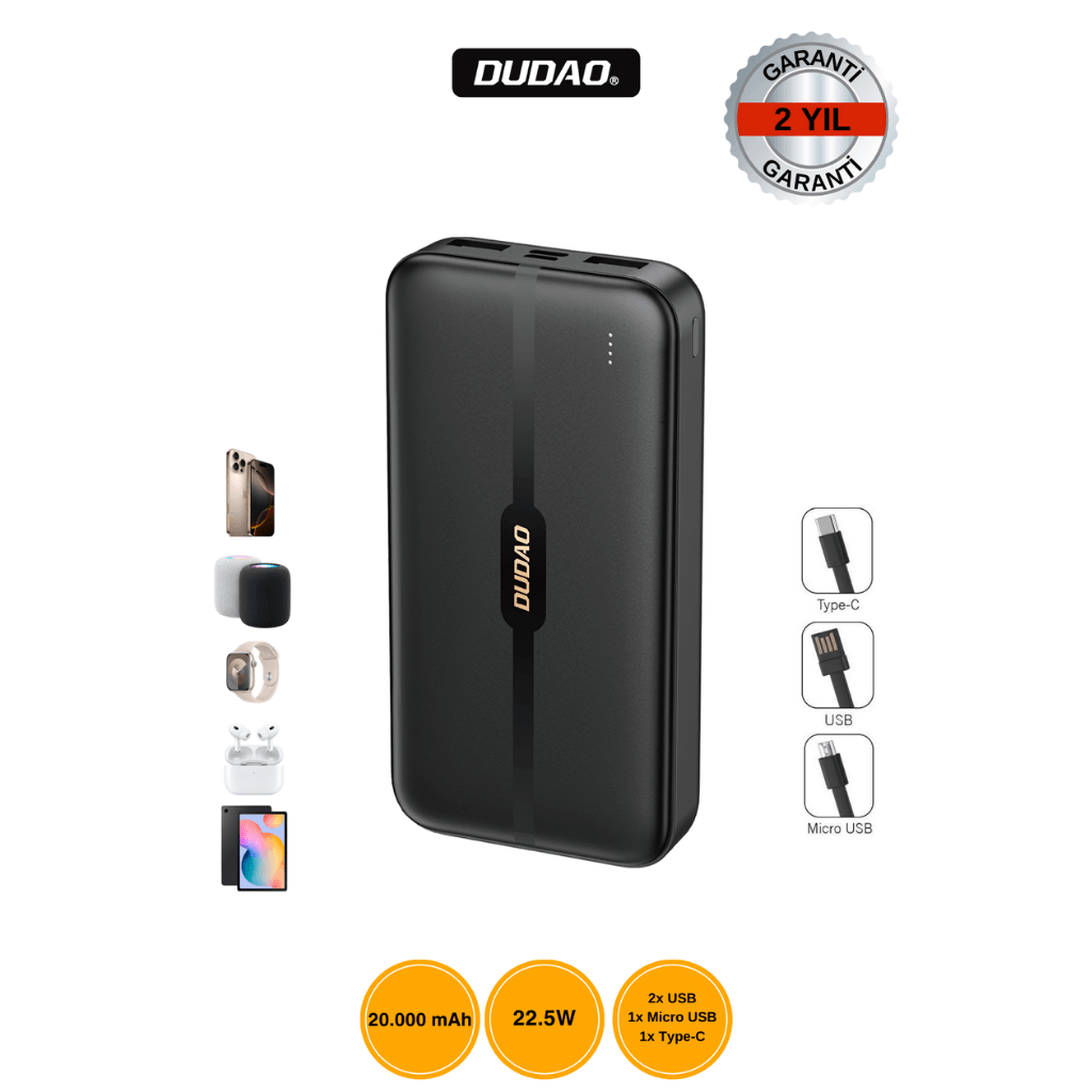 DUDAO K4S+ 20.000mAh Batarya 22.5W Hızlı Şarj Siyah