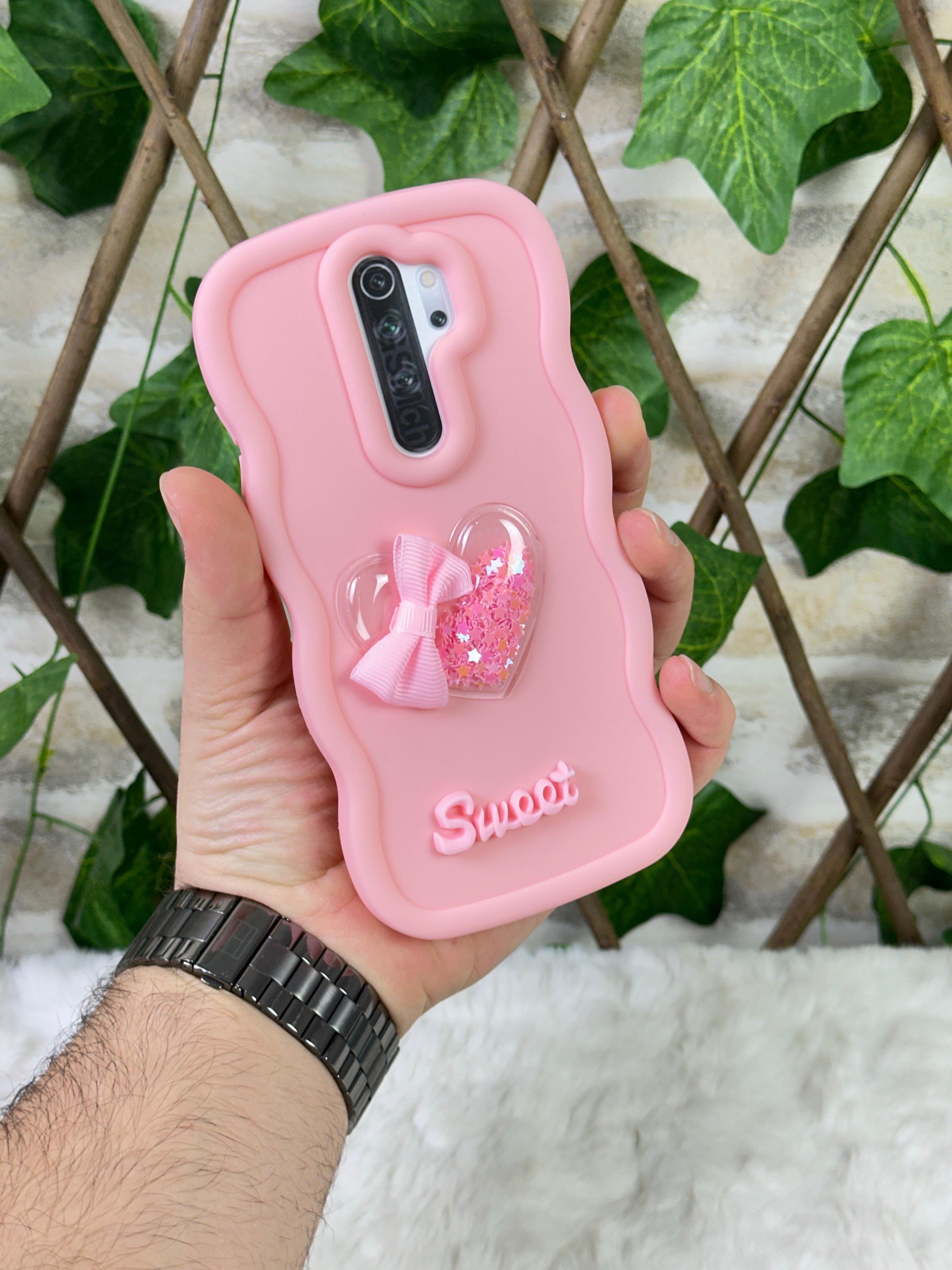 Xiaomi Redmi Note 8 Pro Uyumlu Renkli Kalp Kurdele Detaylı Simli Dalgalı Sweety Kılıf - Rose