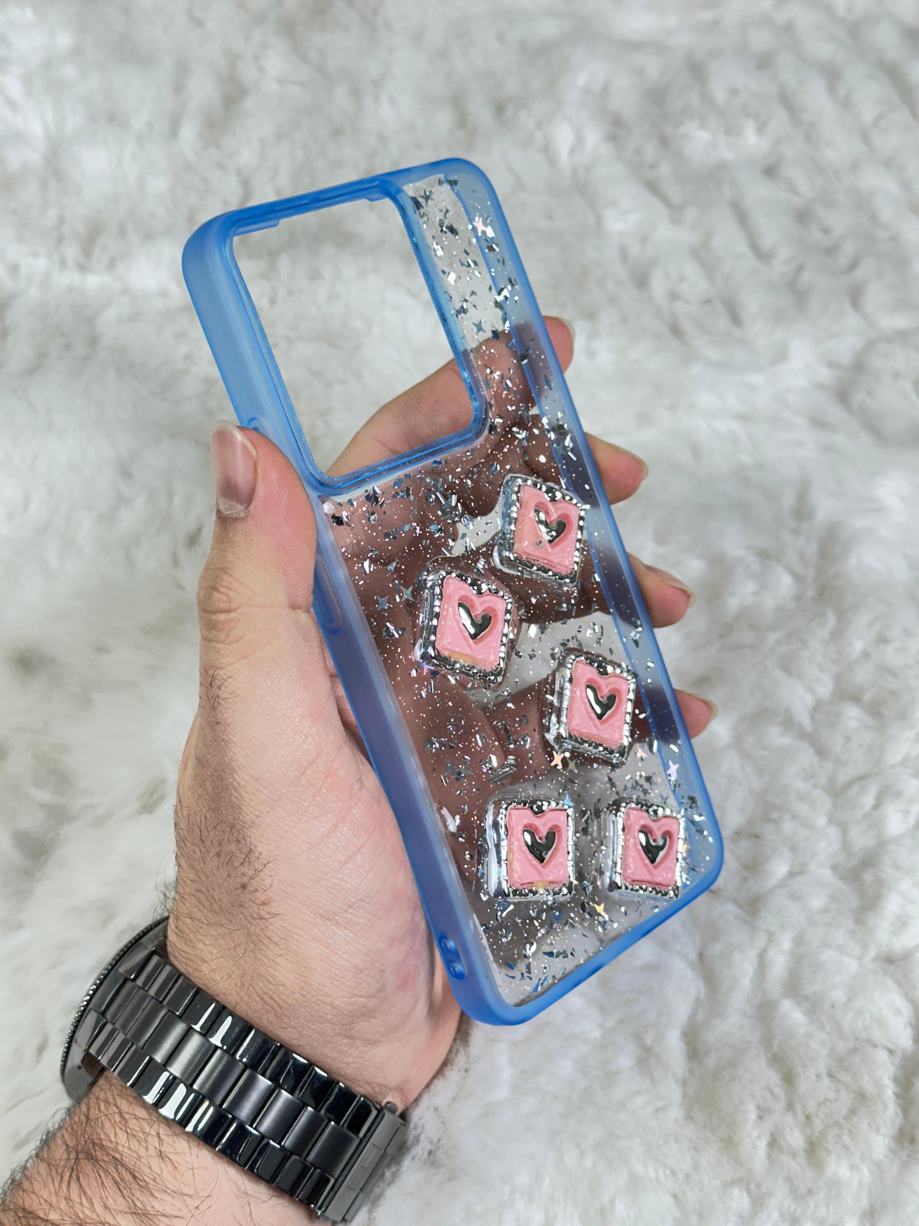 Xiaomi Redmi Note 13 4G Şeffaf Parlak Taşlı Glitter Kılıf - Mavi Kalp