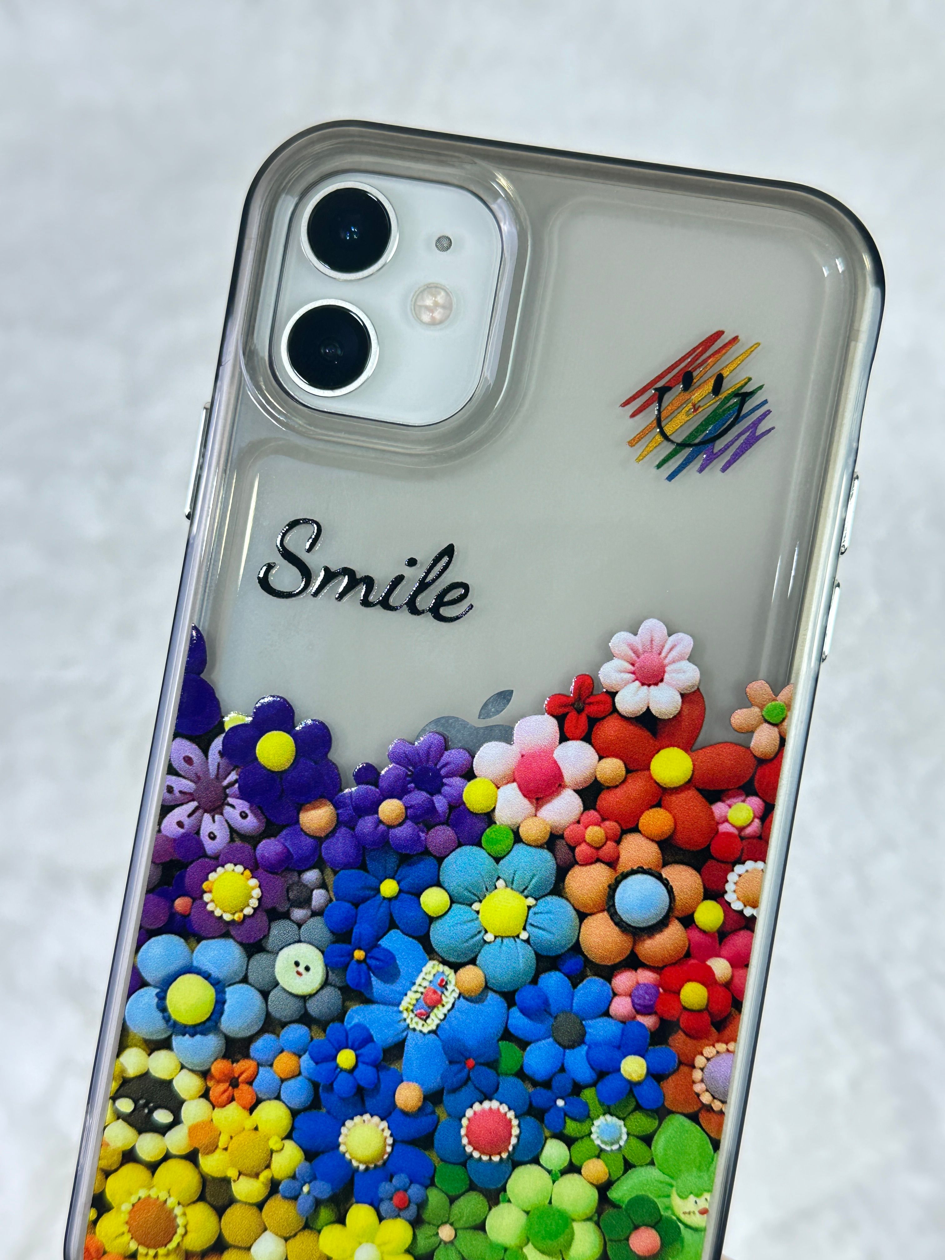 iPhone 12 Renkli Çiçek Desenli Smile Yazılı Pox Kılıf