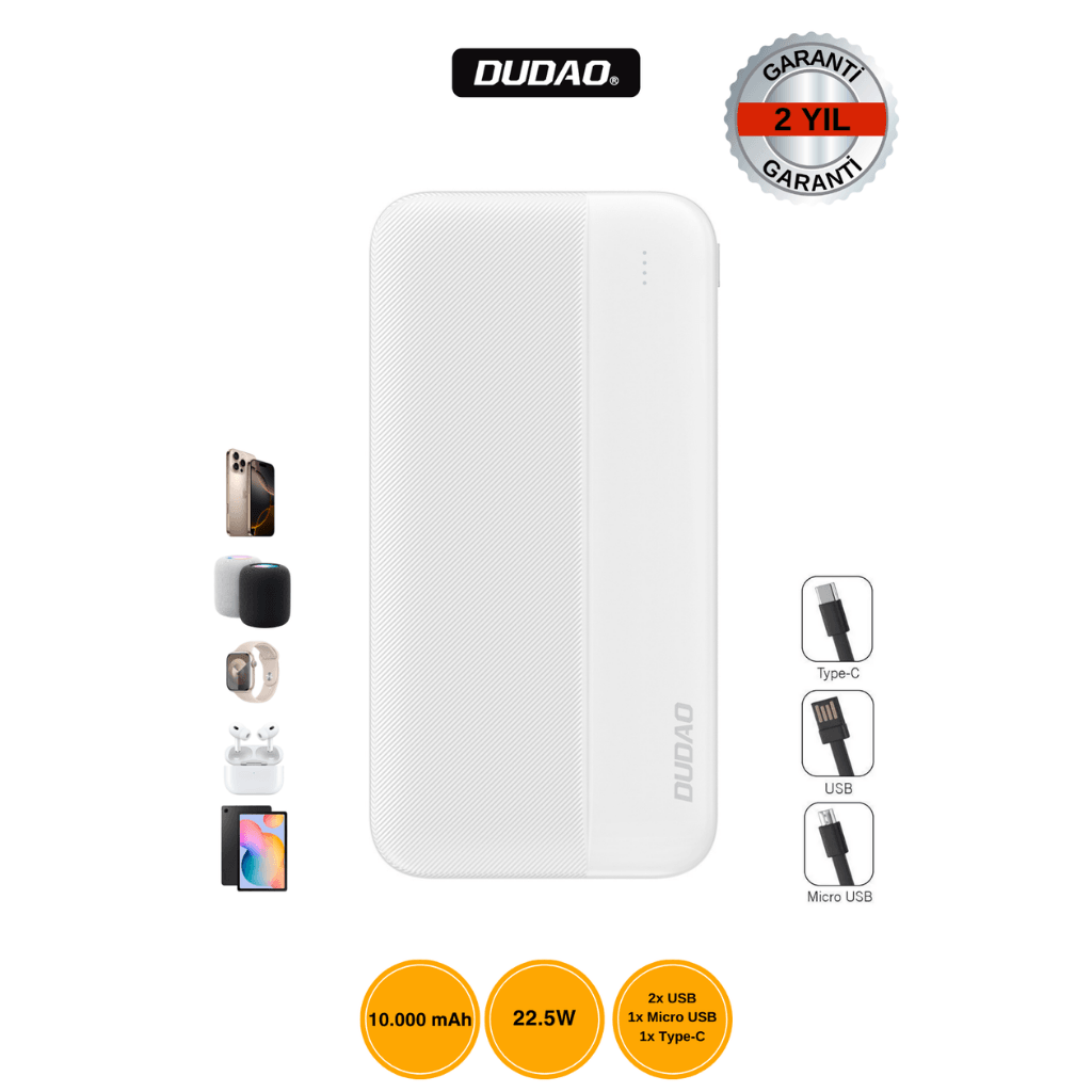 DUDAO K4S 10.000mAh Batarya 22.5W Hızlı Şarj Beyaz 