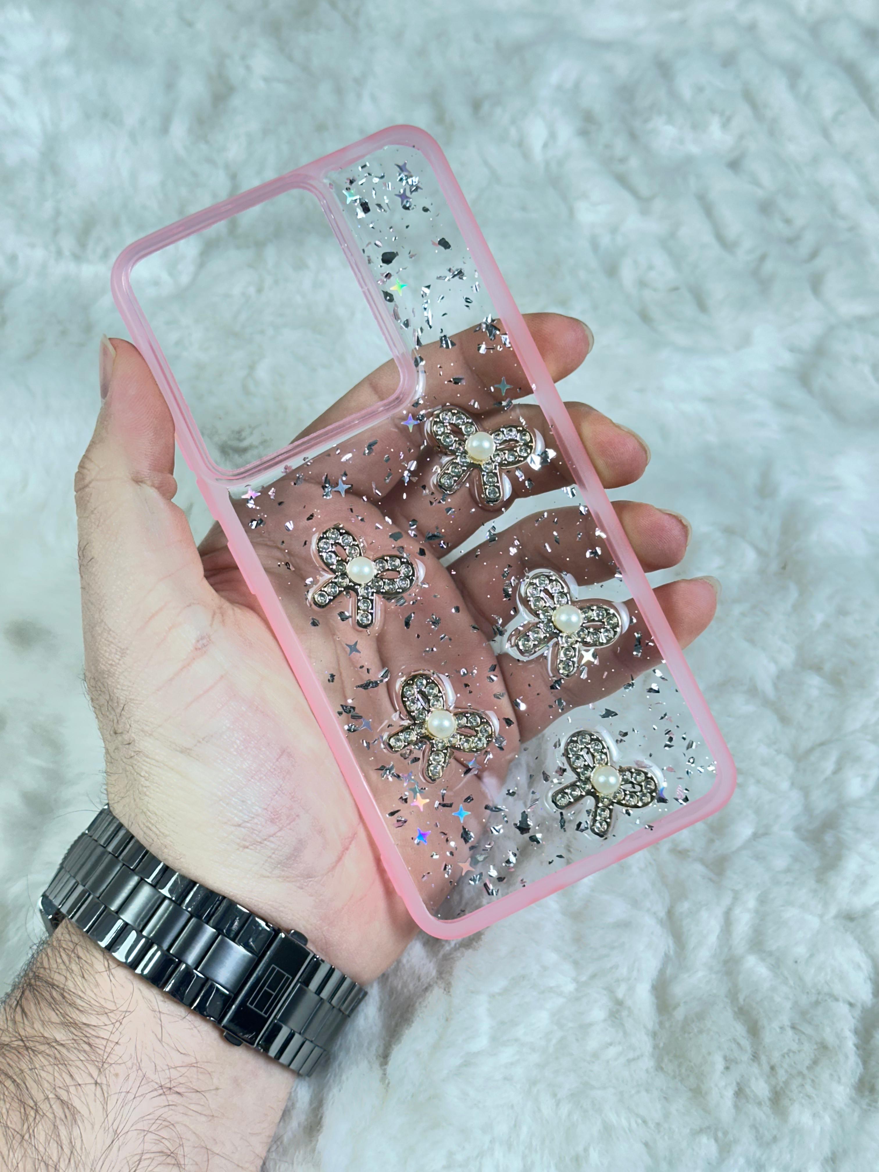 Xiaomi Redmi Note 13 4G Şeffaf Parlak Taşlı Glitter Kılıf - pembe kurdela