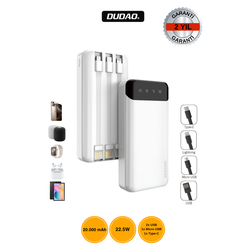 DUDAO K6PRO+ 20.000mAh Batarya 22.5W Hızlı Şarj Beyaz 