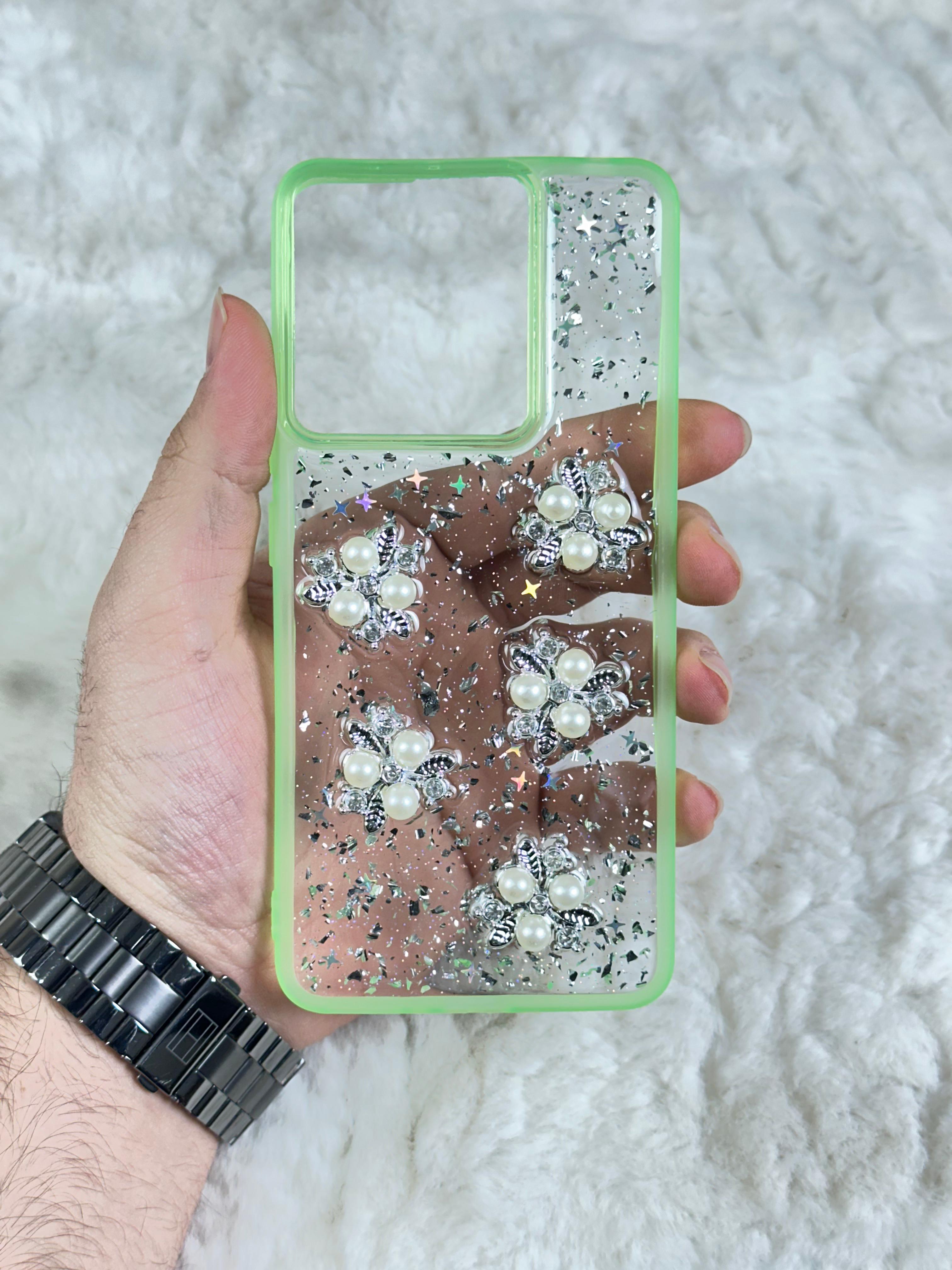 Xiaomi Redmi Note 13 4G Şeffaf Parlak Taşlı Glitter Kılıf - yeşil boncuk