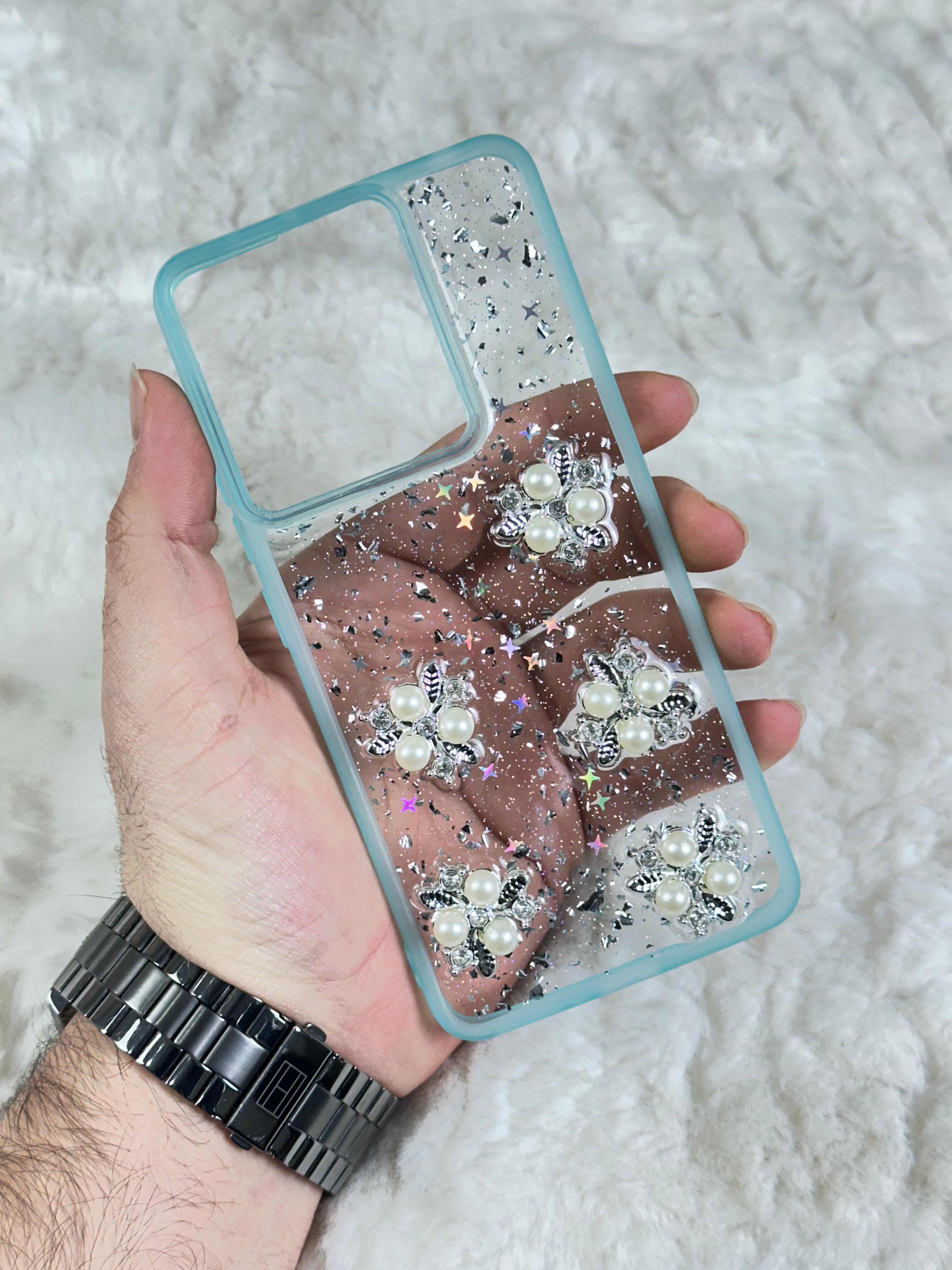 Xiaomi Redmi Note 13 4G Şeffaf Parlak Taşlı Glitter Kılıf - turkuaz boncuk