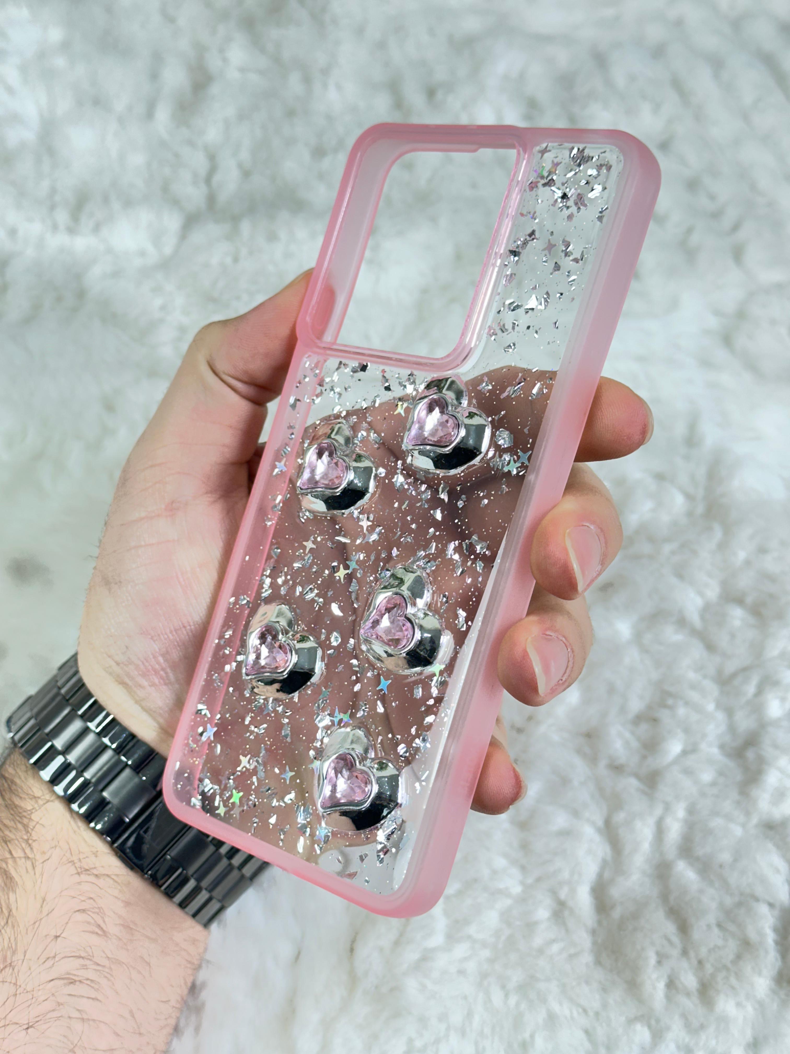 Xiaomi Redmi Note 13 4G Şeffaf Parlak Taşlı Glitter Kılıf - Pembe taşlı kalp