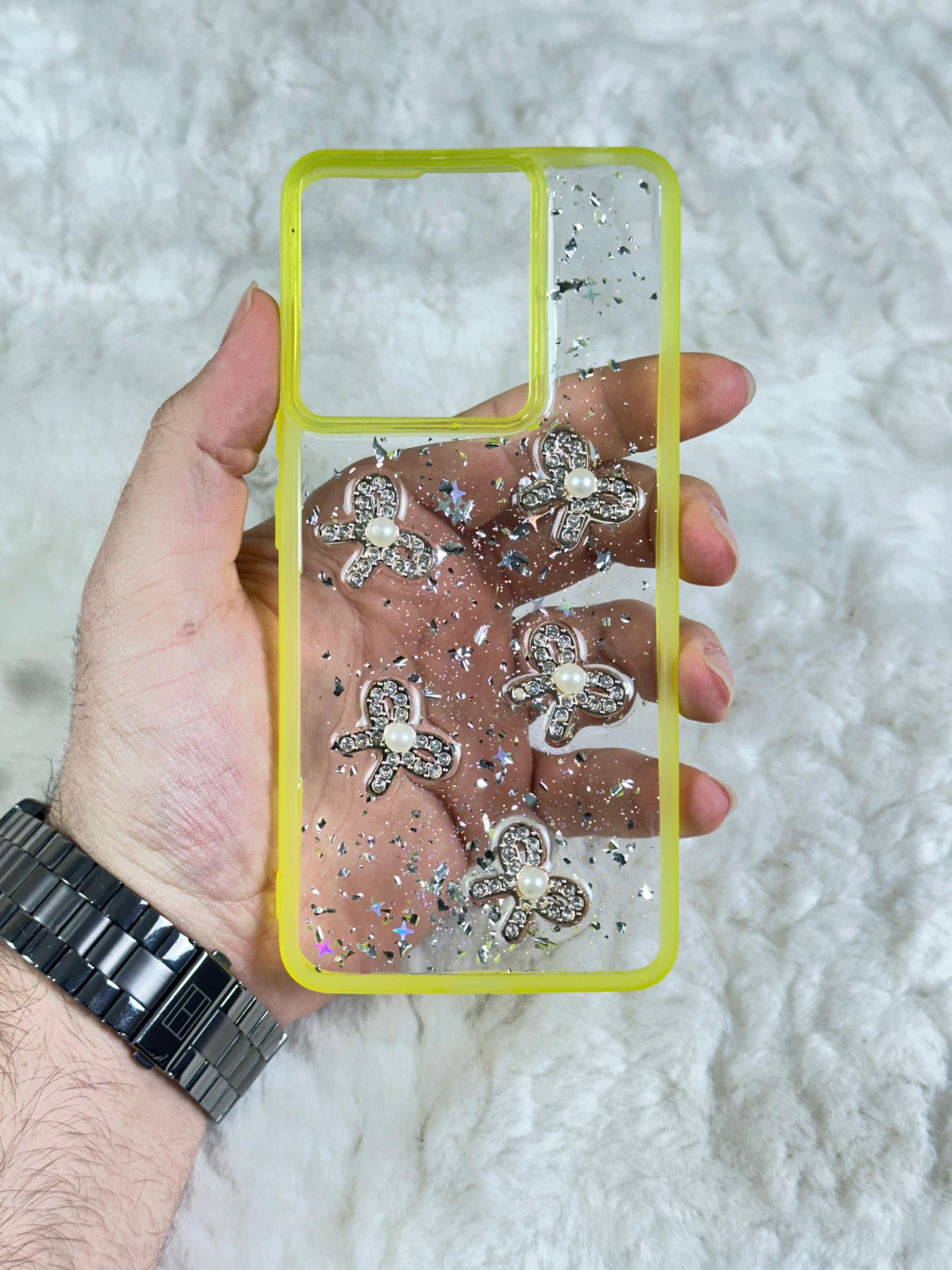 Xiaomi Redmi Note 13 4G Şeffaf Parlak Taşlı Glitter Kılıf - sarı kurdela