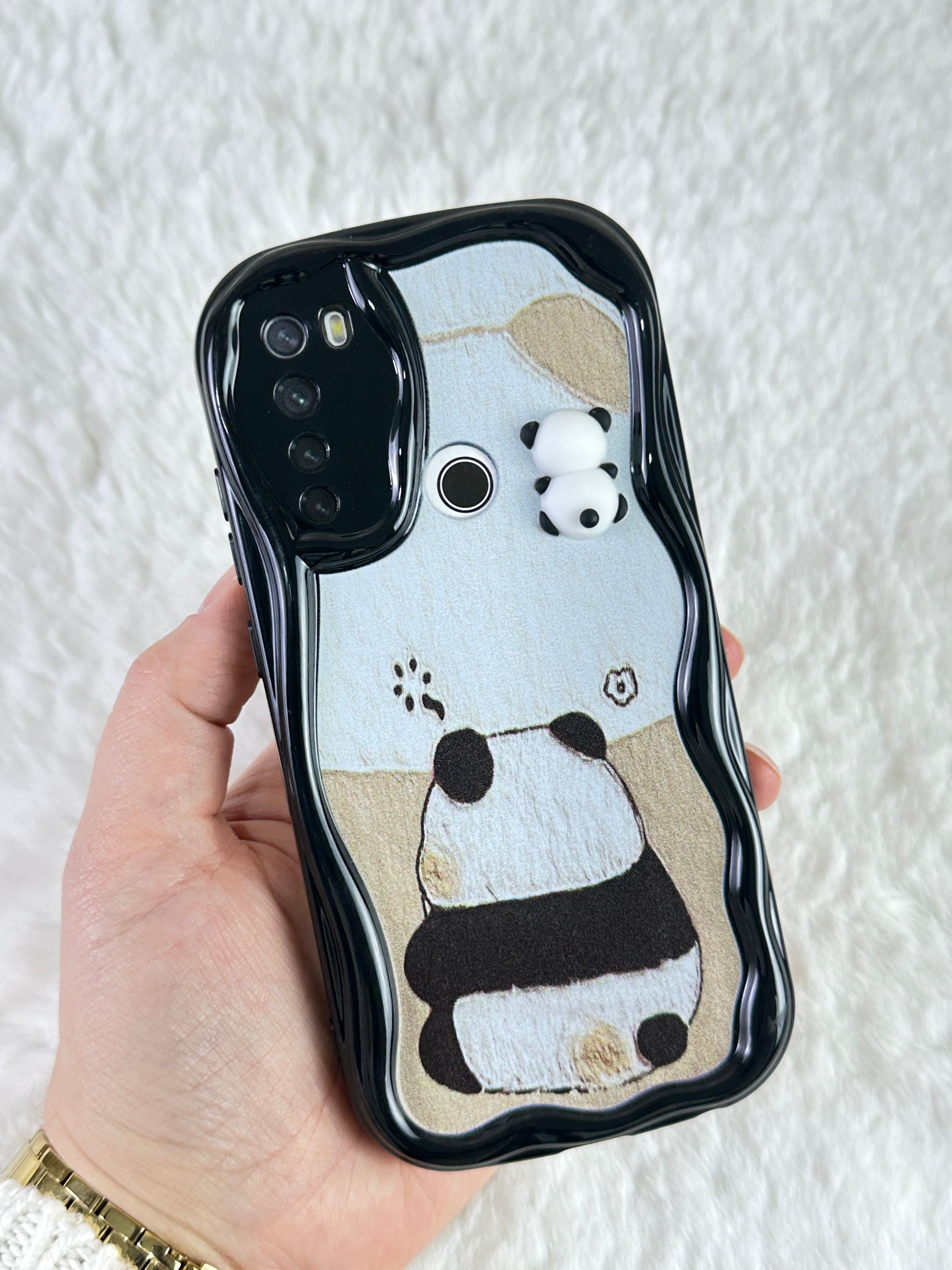 Redmi Note 8 Sevimli Ayıcık Panda Desenli 3 Boyutlu Şirin Parlak Tasarım Panda Kılıf  - Siyah