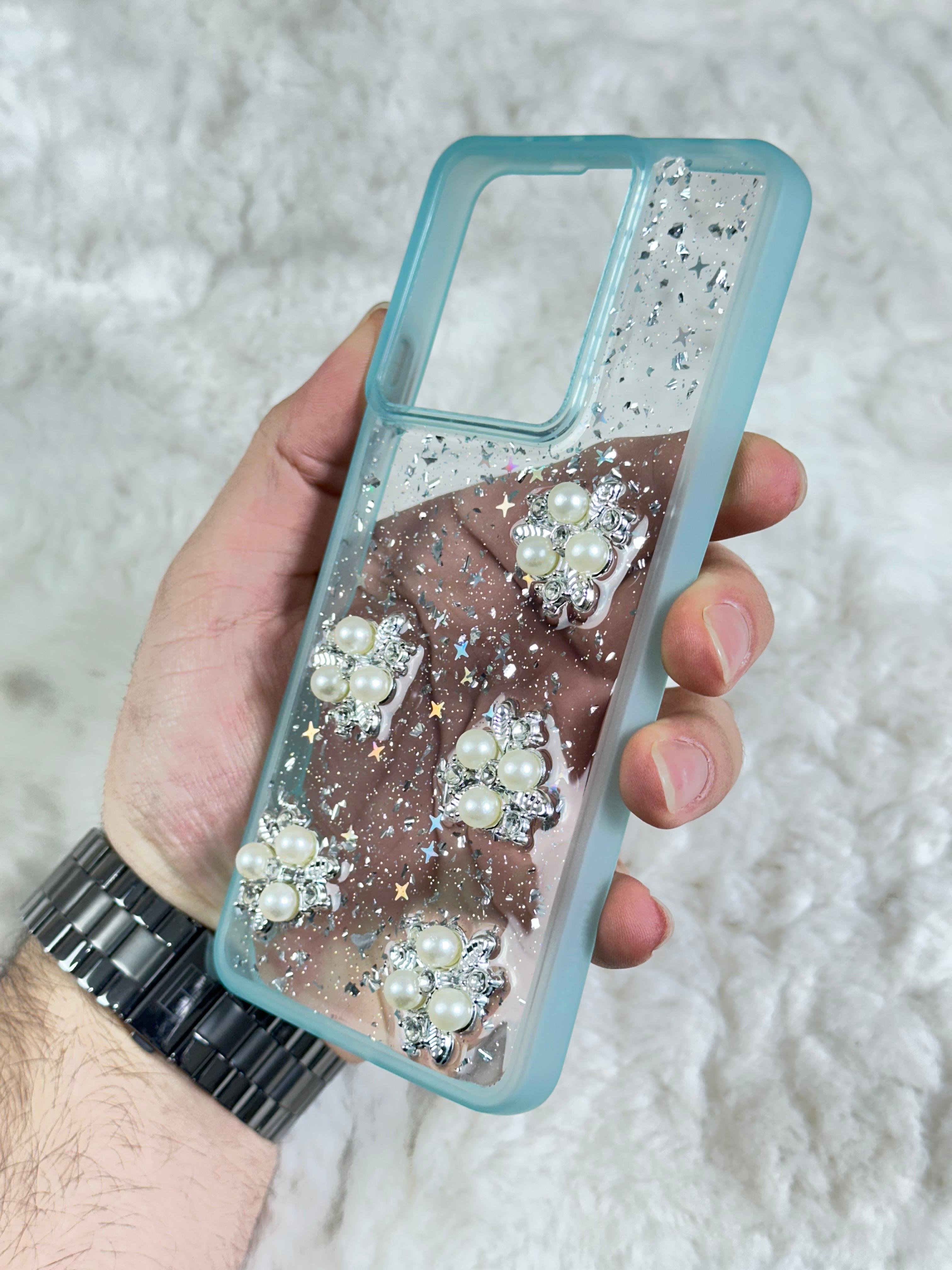 Xiaomi Redmi Note 13 4G Şeffaf Parlak Taşlı Glitter Kılıf - turkuaz boncuk