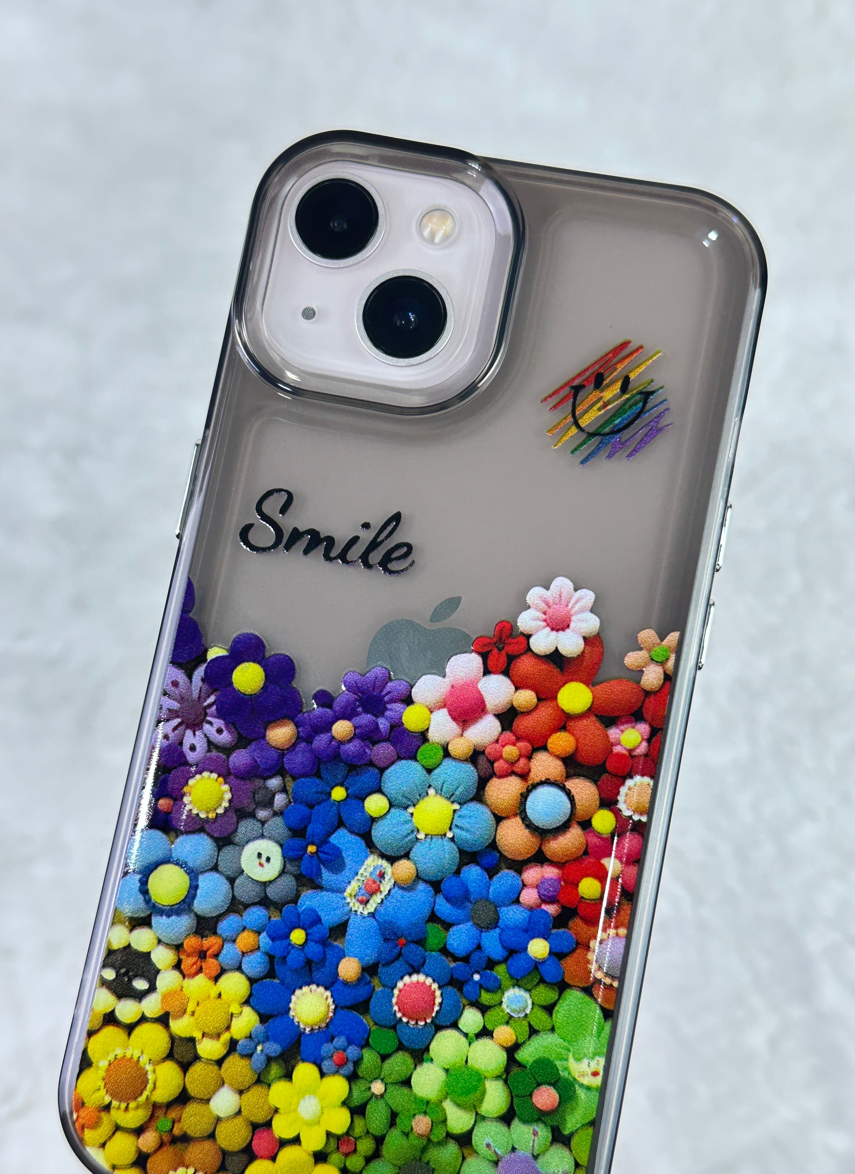 iPhone 13 Renkli Çiçek Desenli Smile Yazılı Pox Kılıf